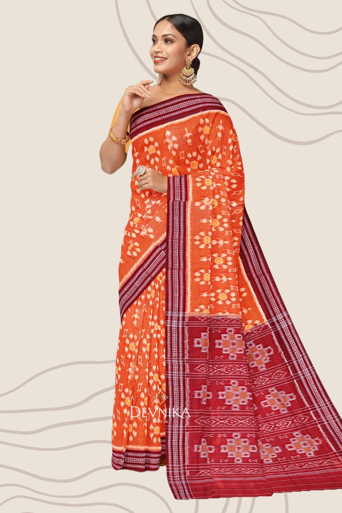 Golden Yellow Body Bandha Handloom Cotton Saree | Odisha Handloom | Devnika
