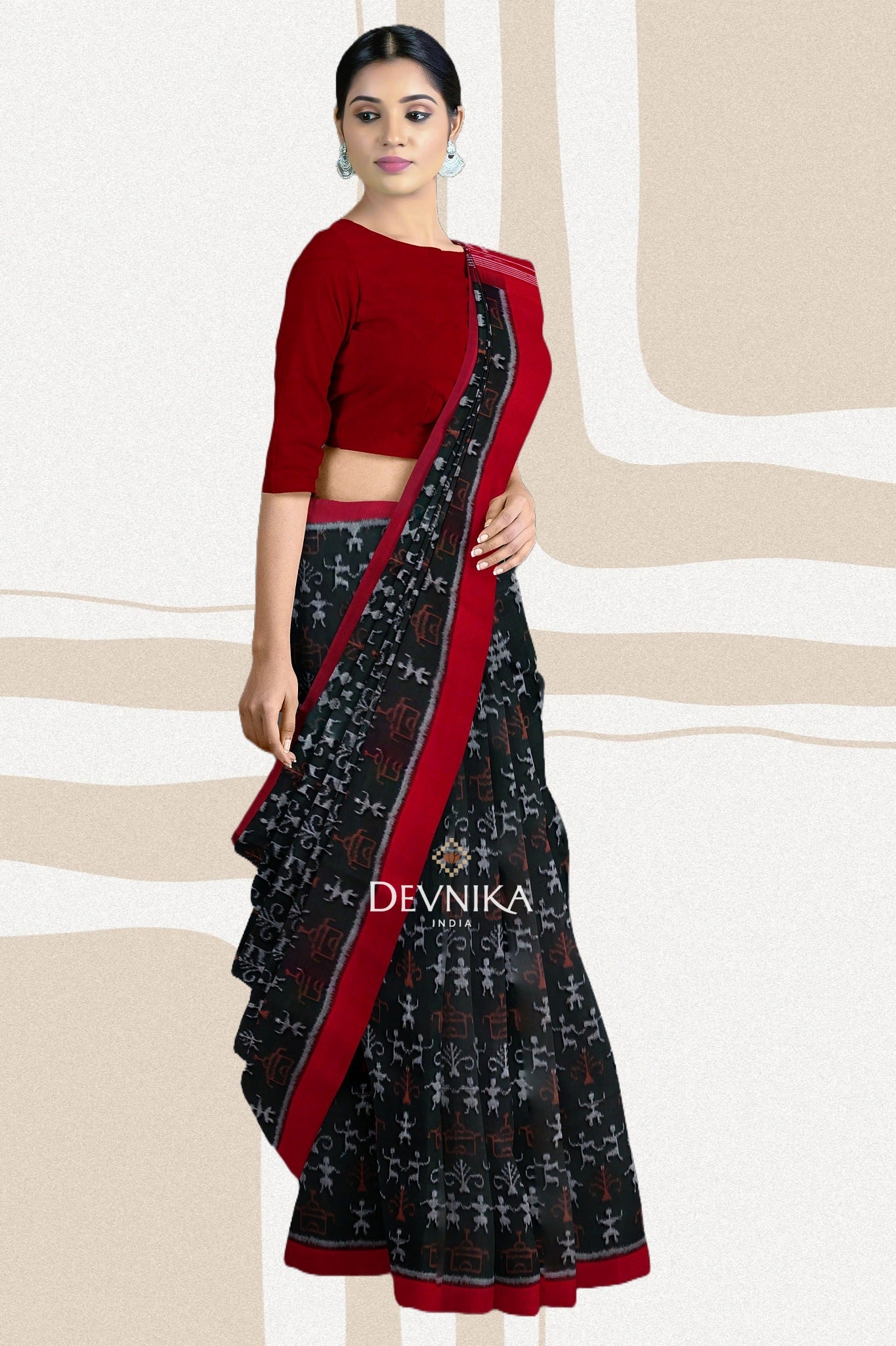 Dark Olive Teracota Bandha Handloom Cotton Saree | Odisha Handloom | Devnika