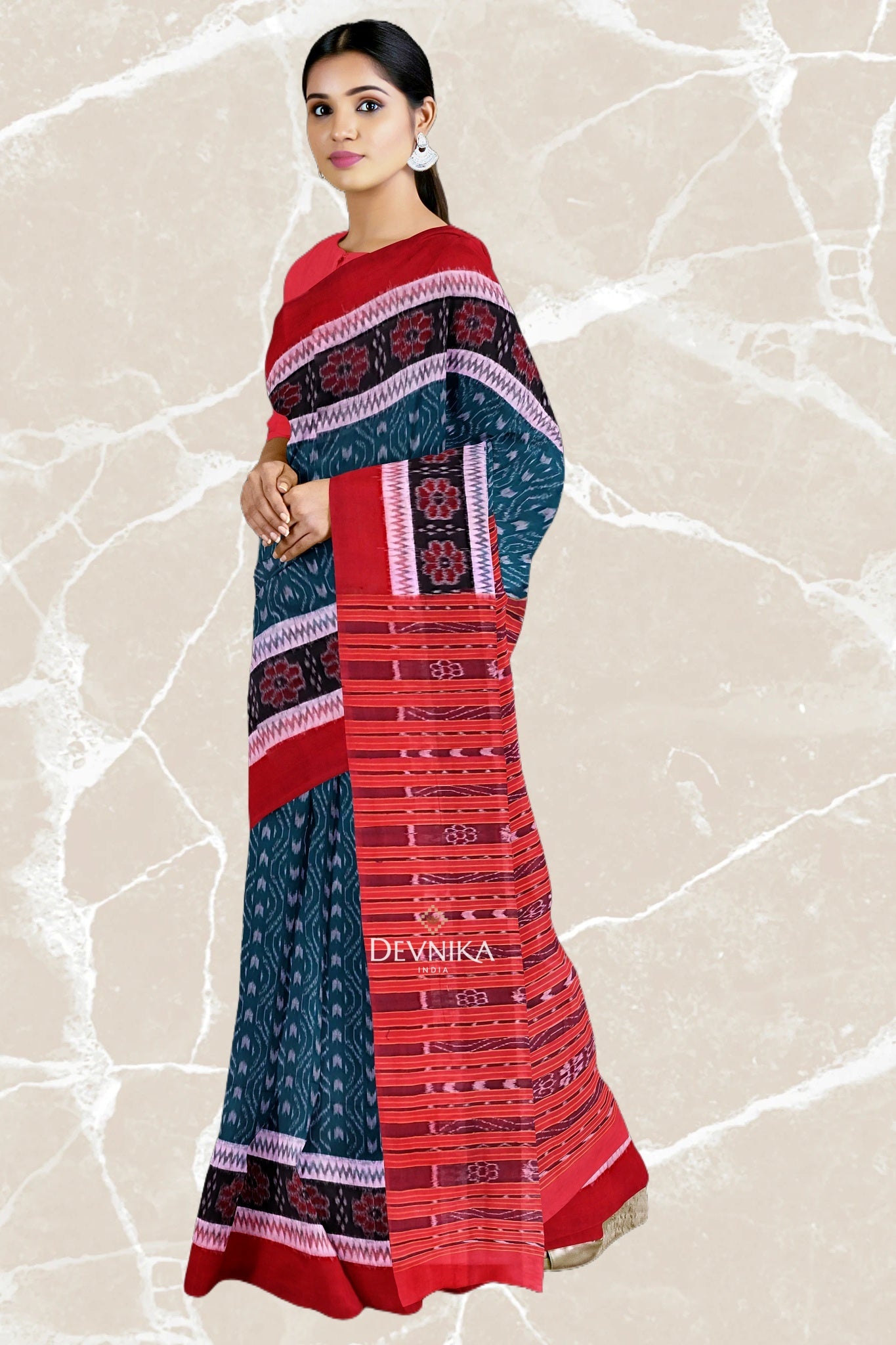 Sea Green Double Border Bandha Handloom Cotton Saree | Odisha Handloom | Devnika