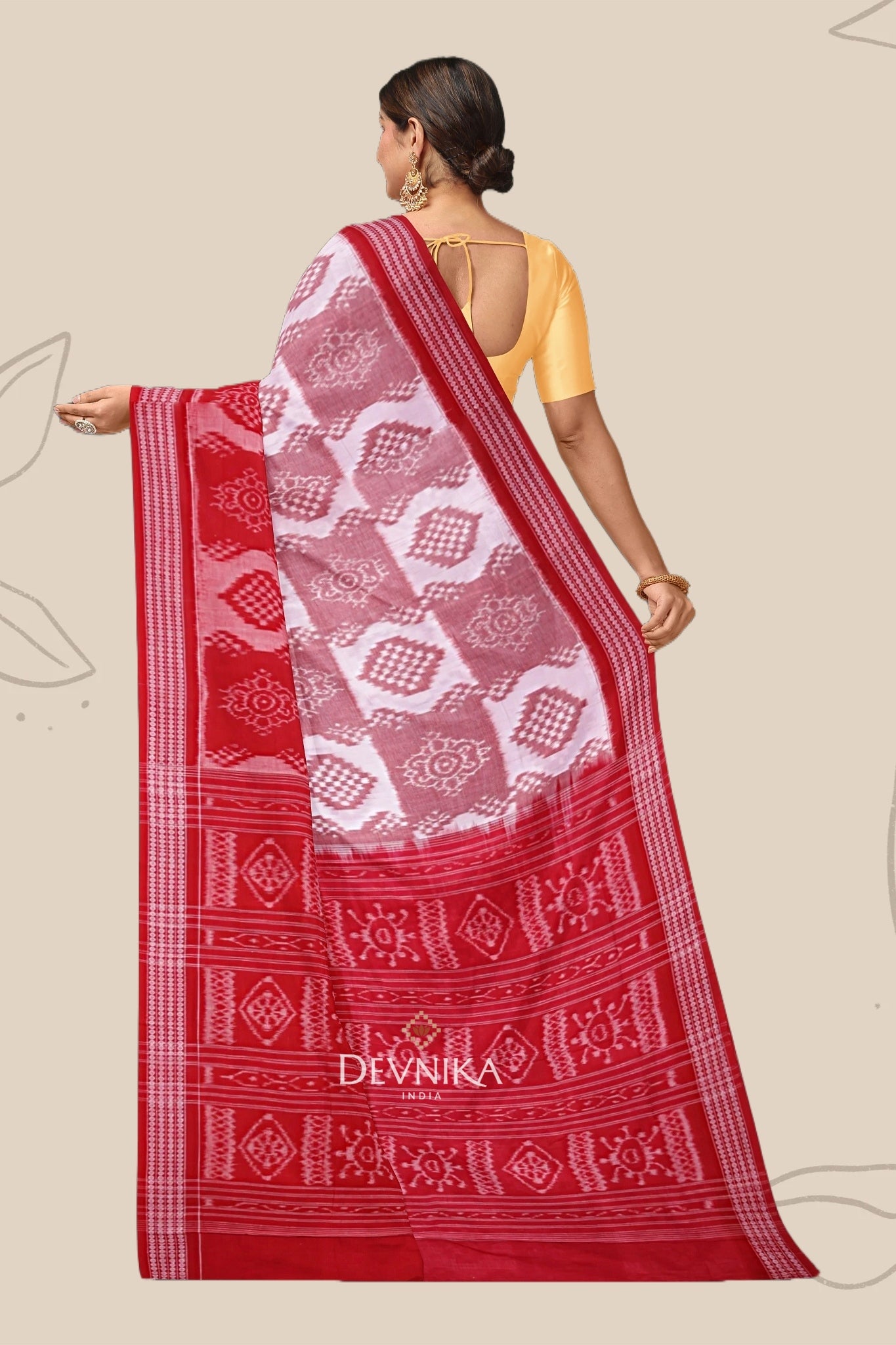 White Red Body Bandha Handloom Cotton Saree | Odisha Handloom | Devnika