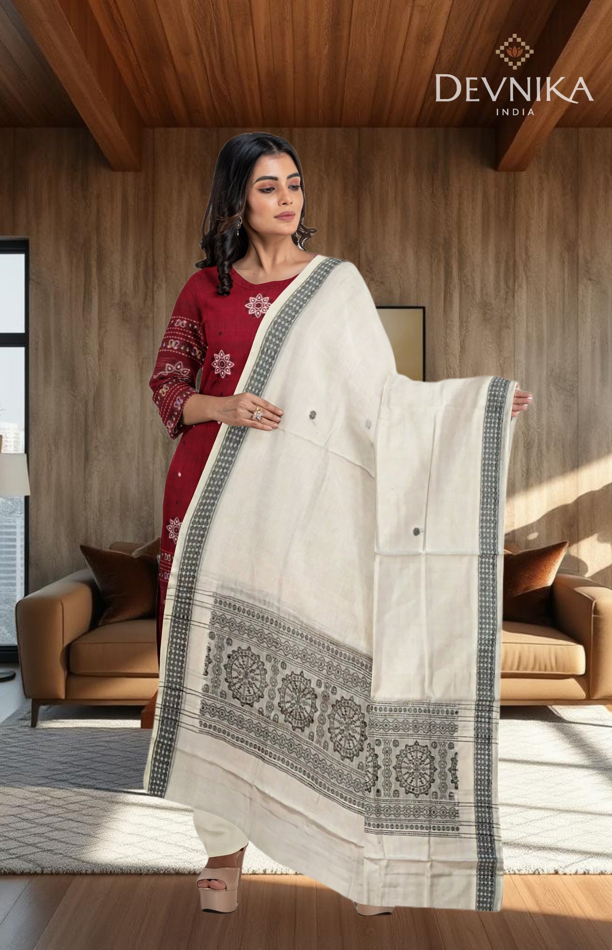 Deep Maroon With White Pant & Chunri Bomkai Dress Set