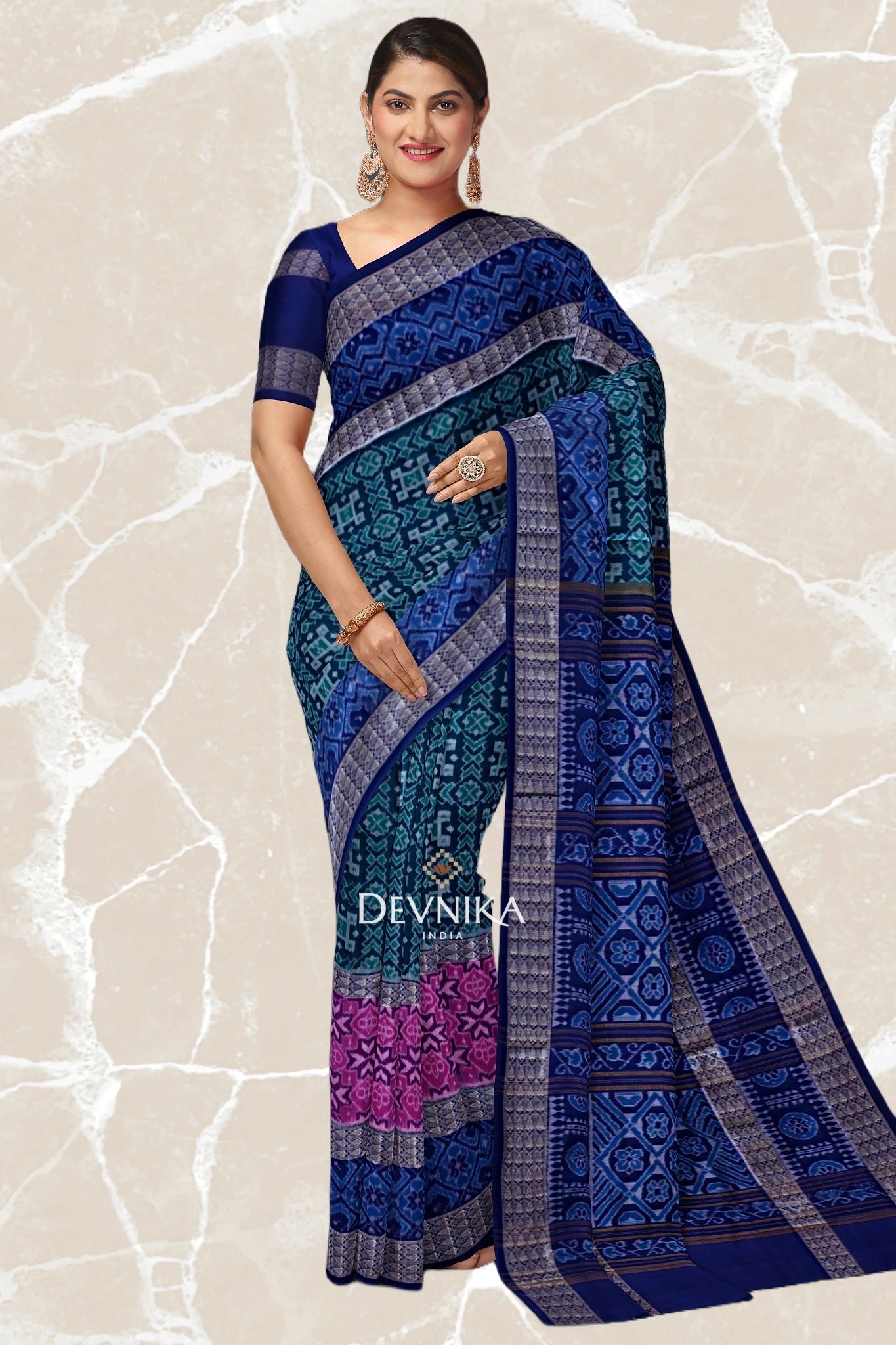 Green Blue Double Border Bandha Handloom Cotton Saree | Odisha Handloom | Devnika