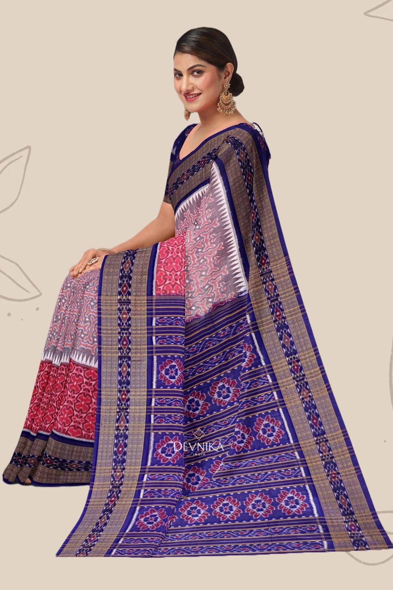 Sweet Pink Double Border Bandha Handloom Cotton Saree | Odisha Handloom | Devnika