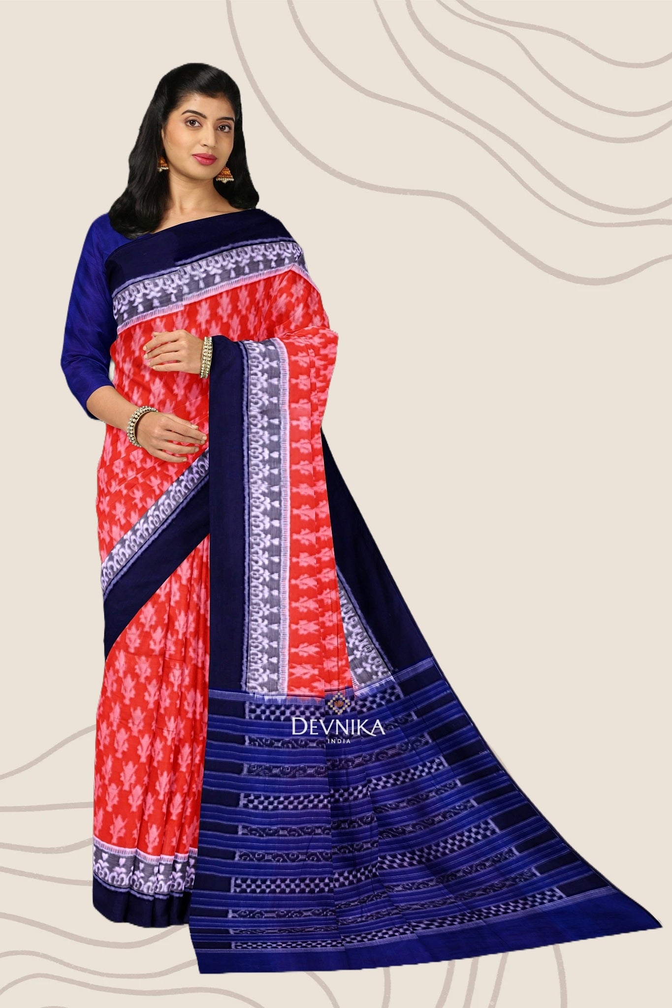 Orange Double Border Bandha Handloom Cotton Saree | Odisha Handloom | Devnika