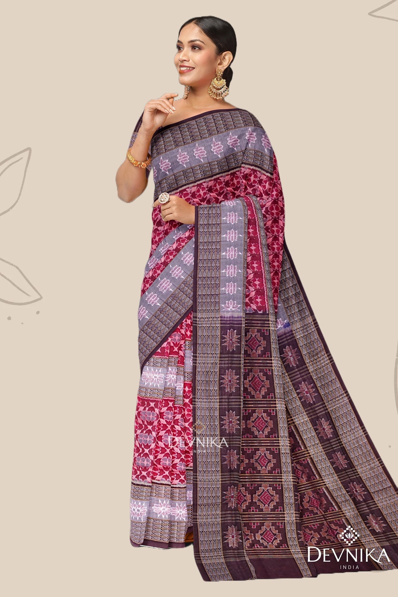 Red, Green And Maroon Double Border Bandha Handloom Cotton Saree | Odisha Handloom | Devnika