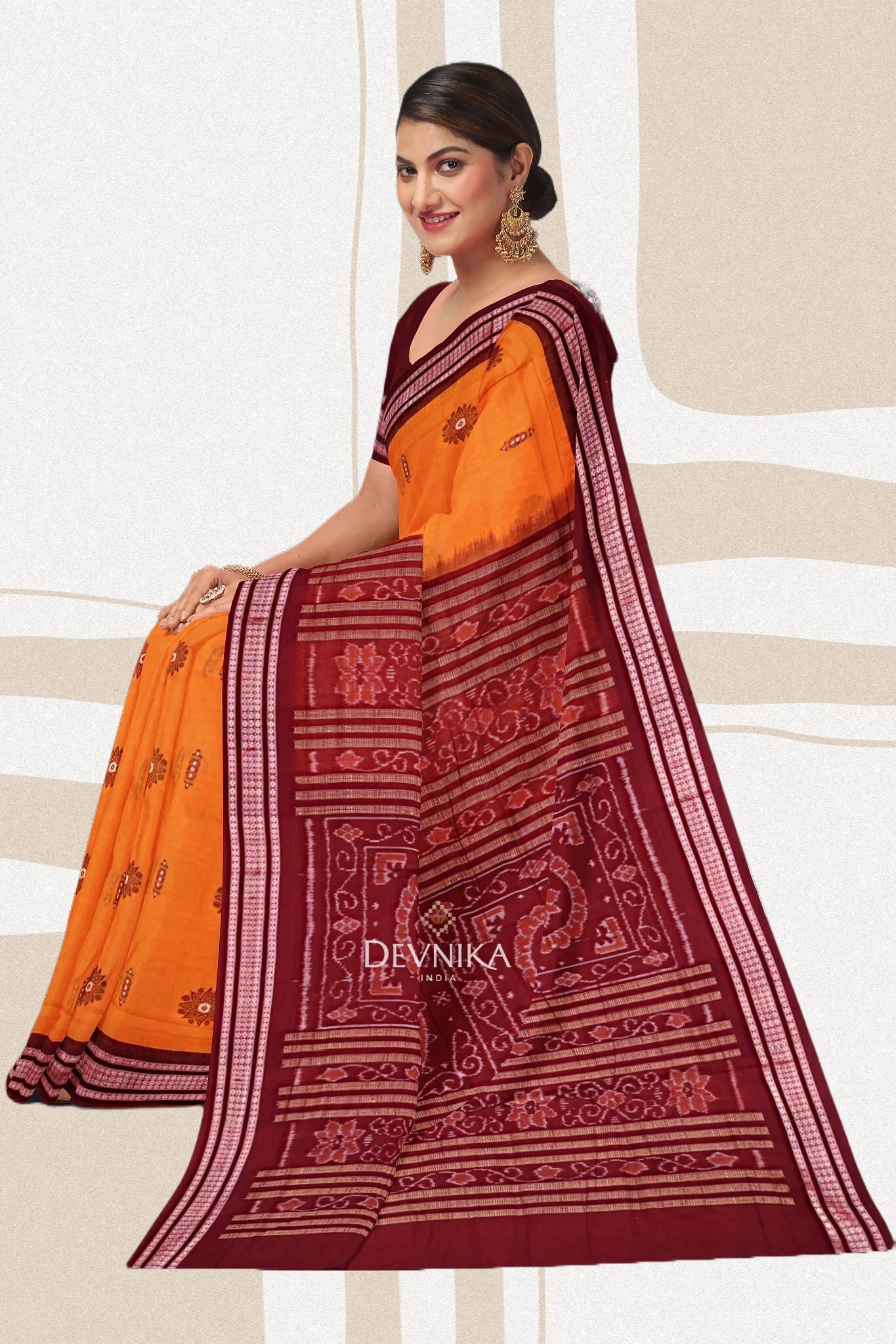 Golden Yellow Bomkai Handloom Cotton Saree | Odisha Handloom | Devnika