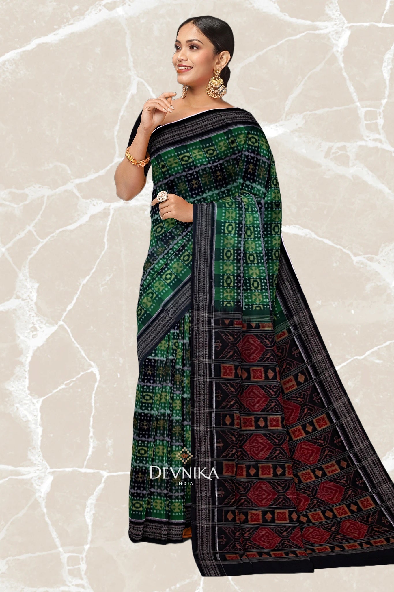 Green Golden Teracota Bandha Handloom Cotton Saree | Odisha Handloom | Devnika