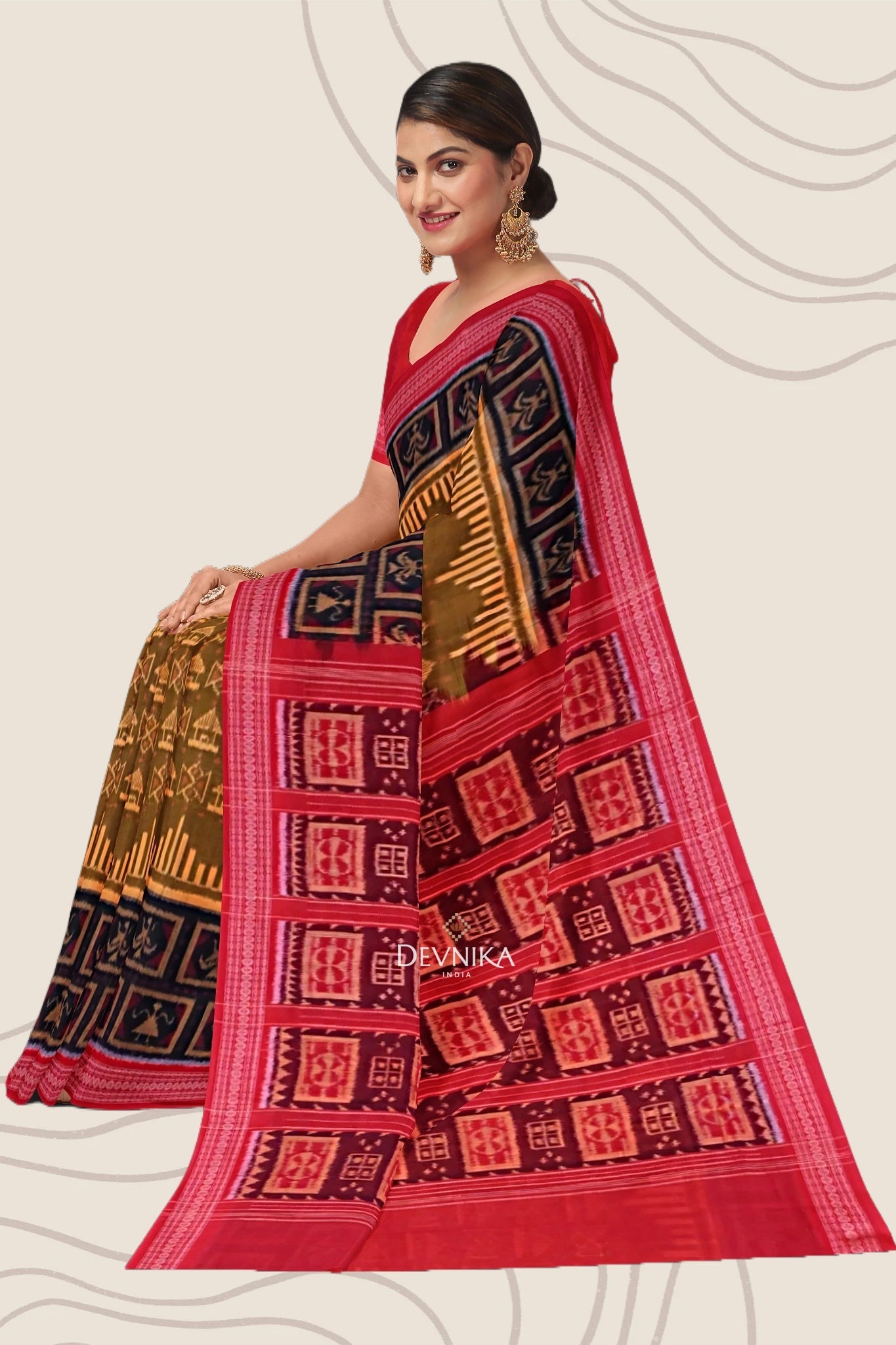 Golden Brown Big Border Bandha Handloom Cotton Saree | Odisha Handloom | Devnika