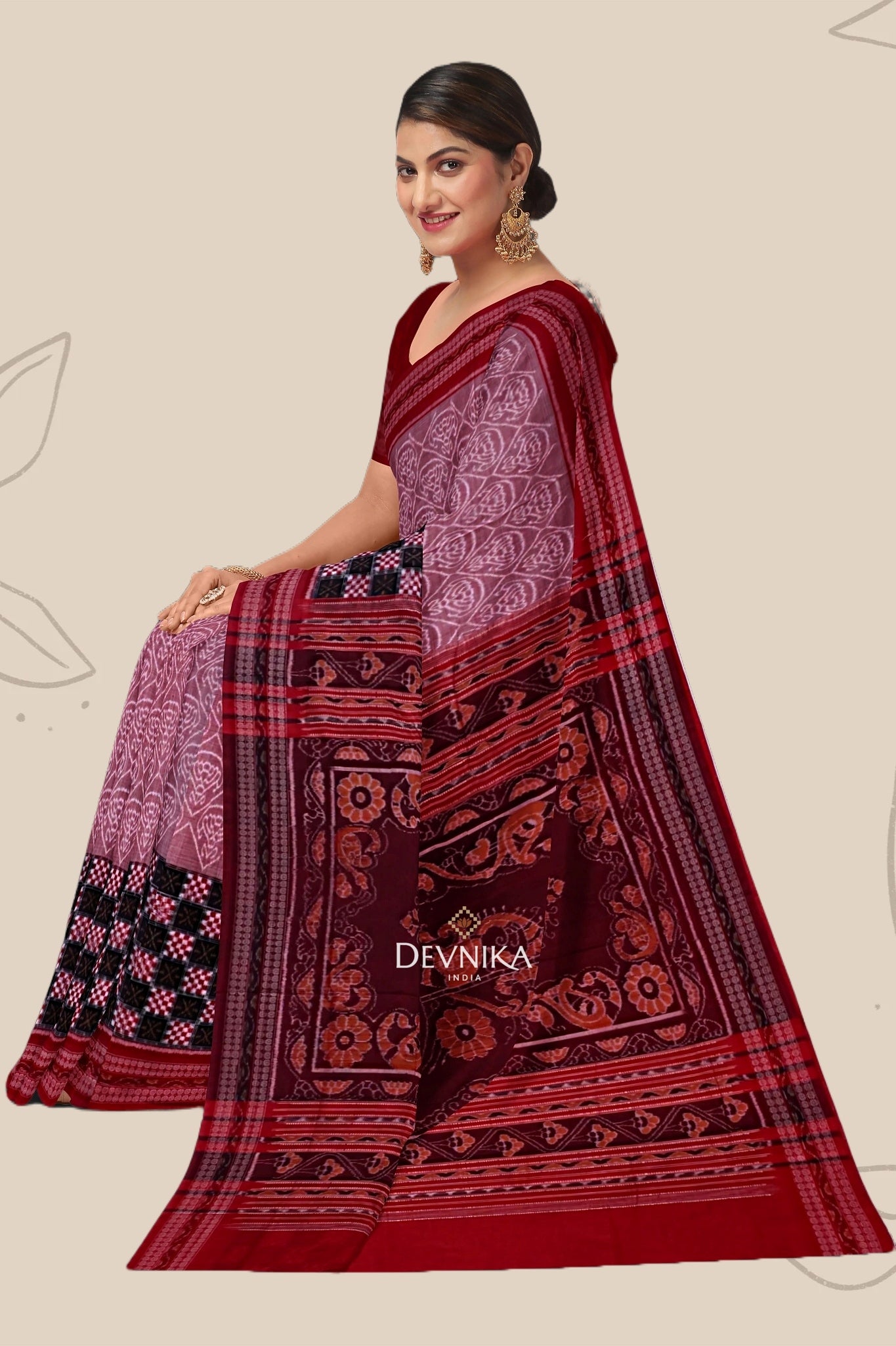 White And Dusty Rose Big Border Bandha Handloom Cotton Saree | Odisha Handloom | Devnika