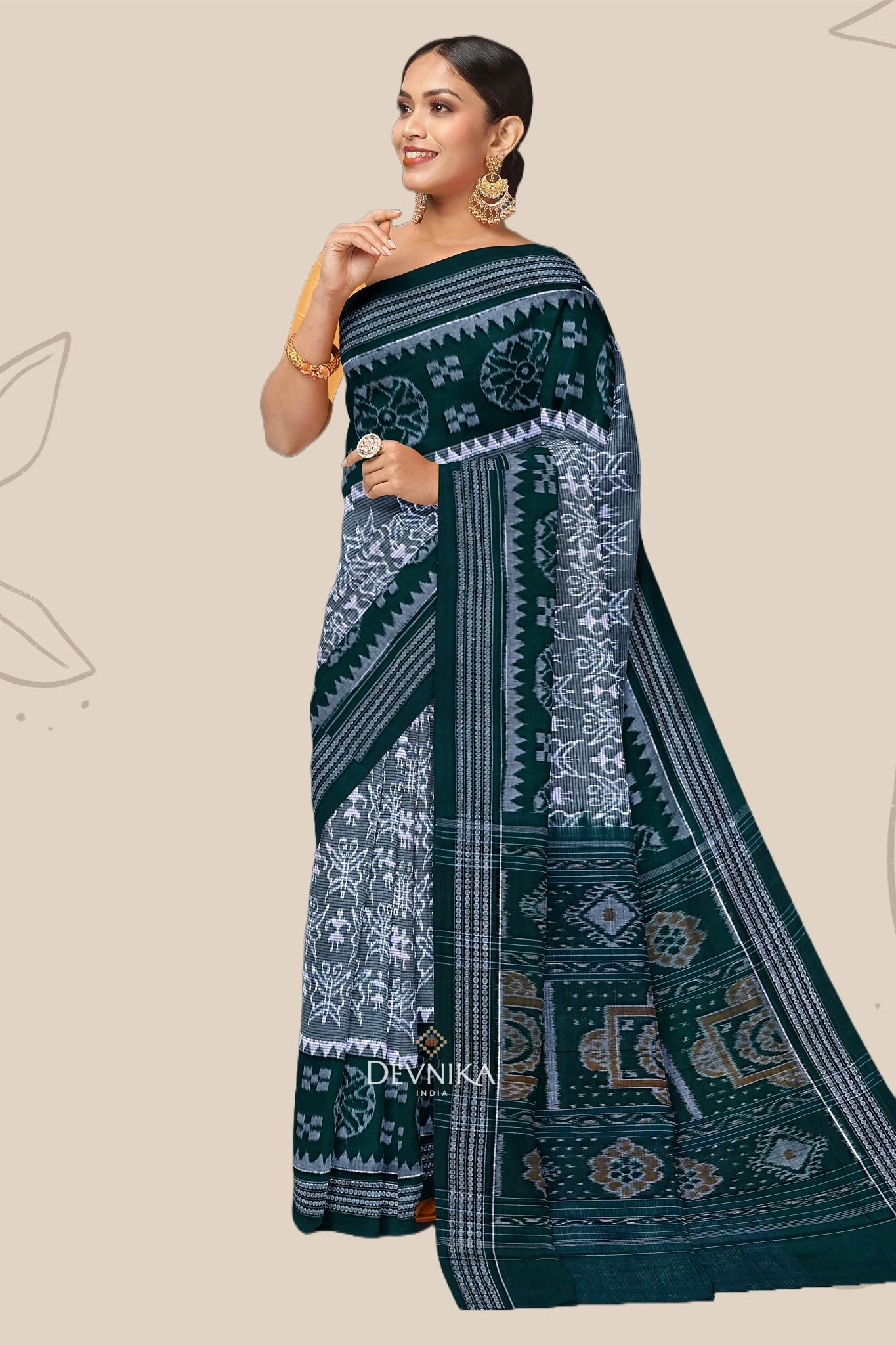Light Sea Green Body Bandha Handloom Cotton Saree | Odisha Handloom | Devnika