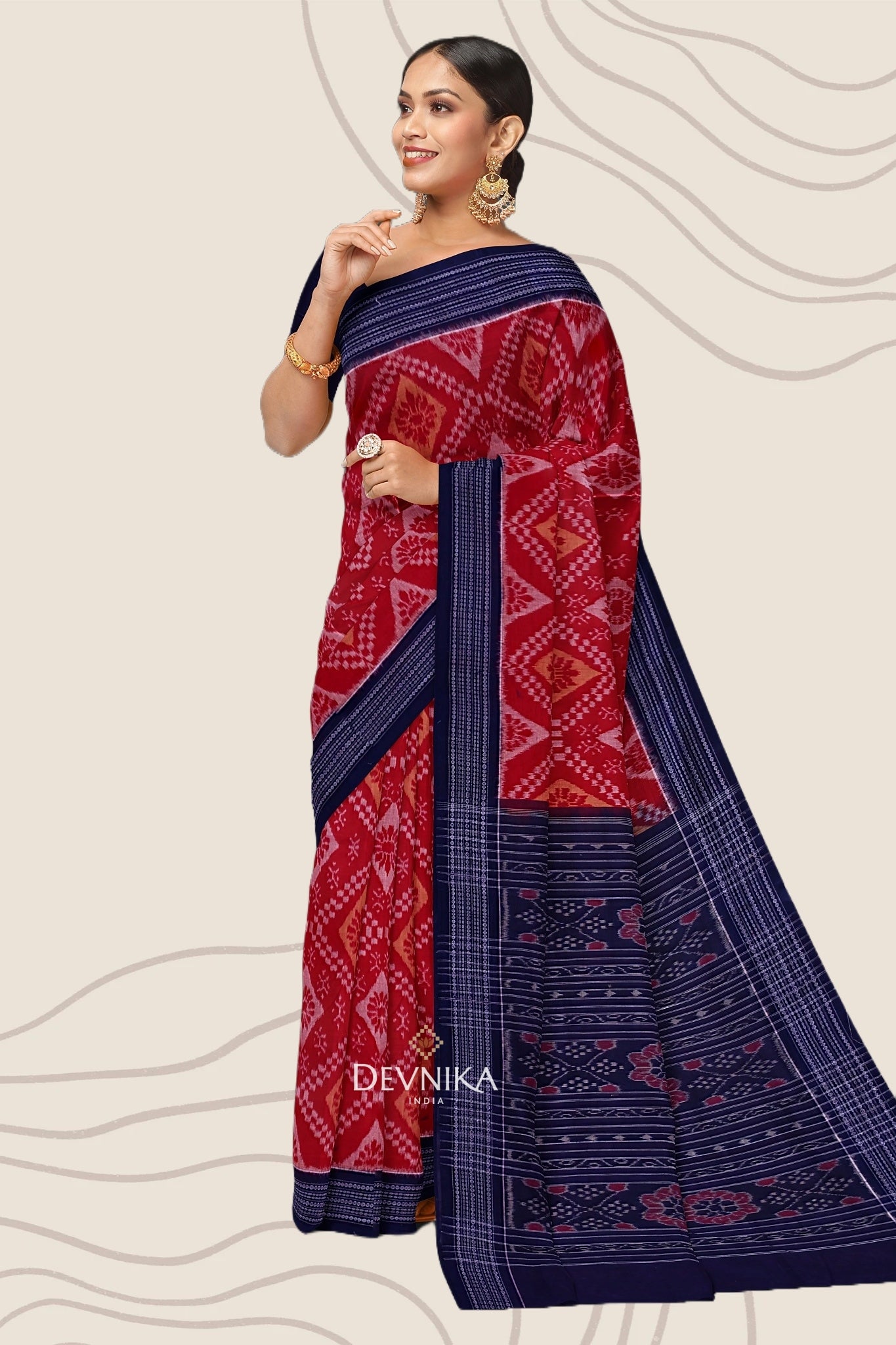 Red And Brown Paper Bandha Handloom Cotton Saree | Odisha Handloom | Devnika