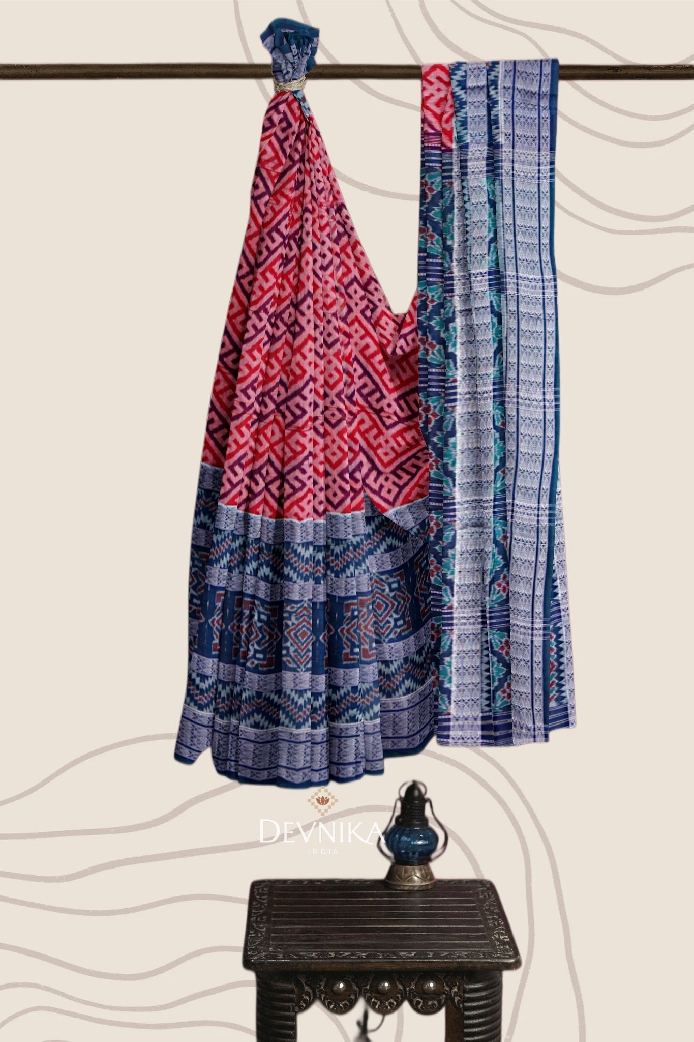 White Blue Fish Bandha Handloom Cotton Saree | Odisha Handloom | Devnika