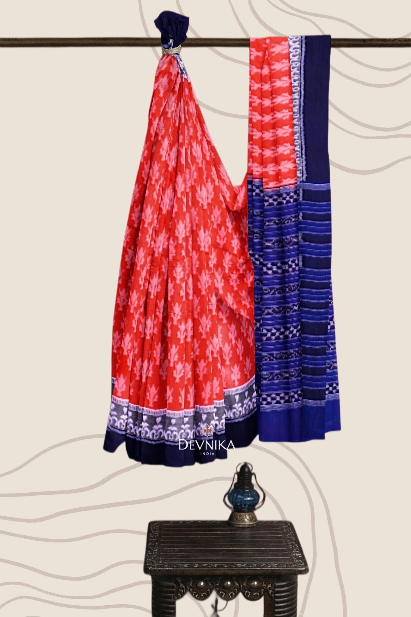 Orange Double Border Bandha Handloom Cotton Saree | Odisha Handloom | Devnika