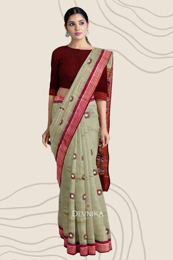 Grey Green Bomkai Handloom Cotton Saree | Odisha Handloom | Devnika