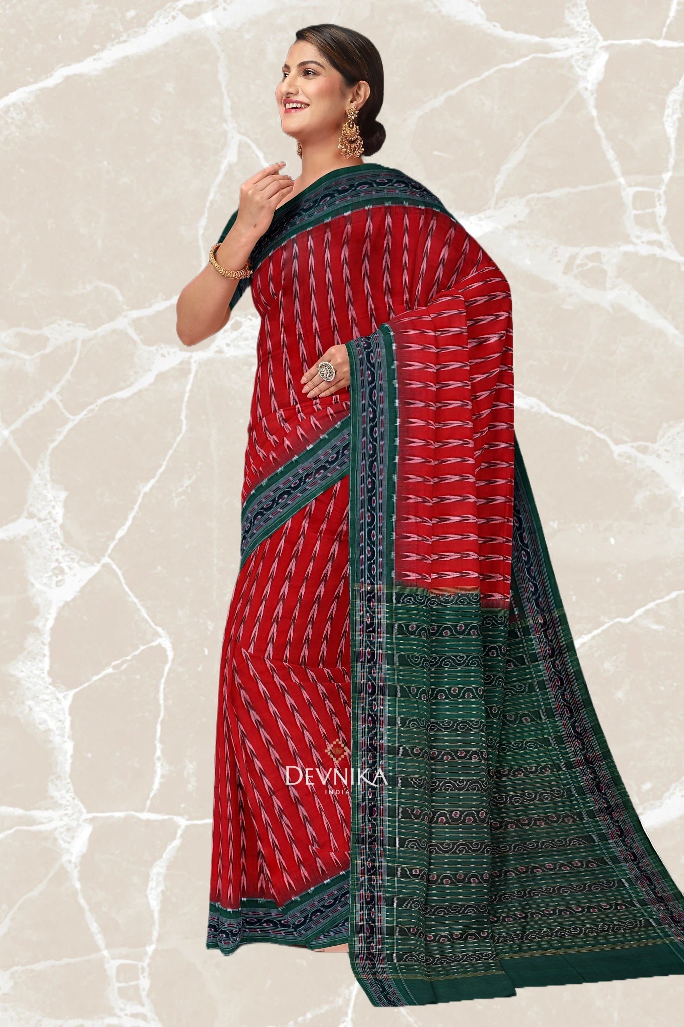 Deep Red Green Khajuri Pati Bandha Handloom Cotton Saree | Odisha Handloom | Devnika