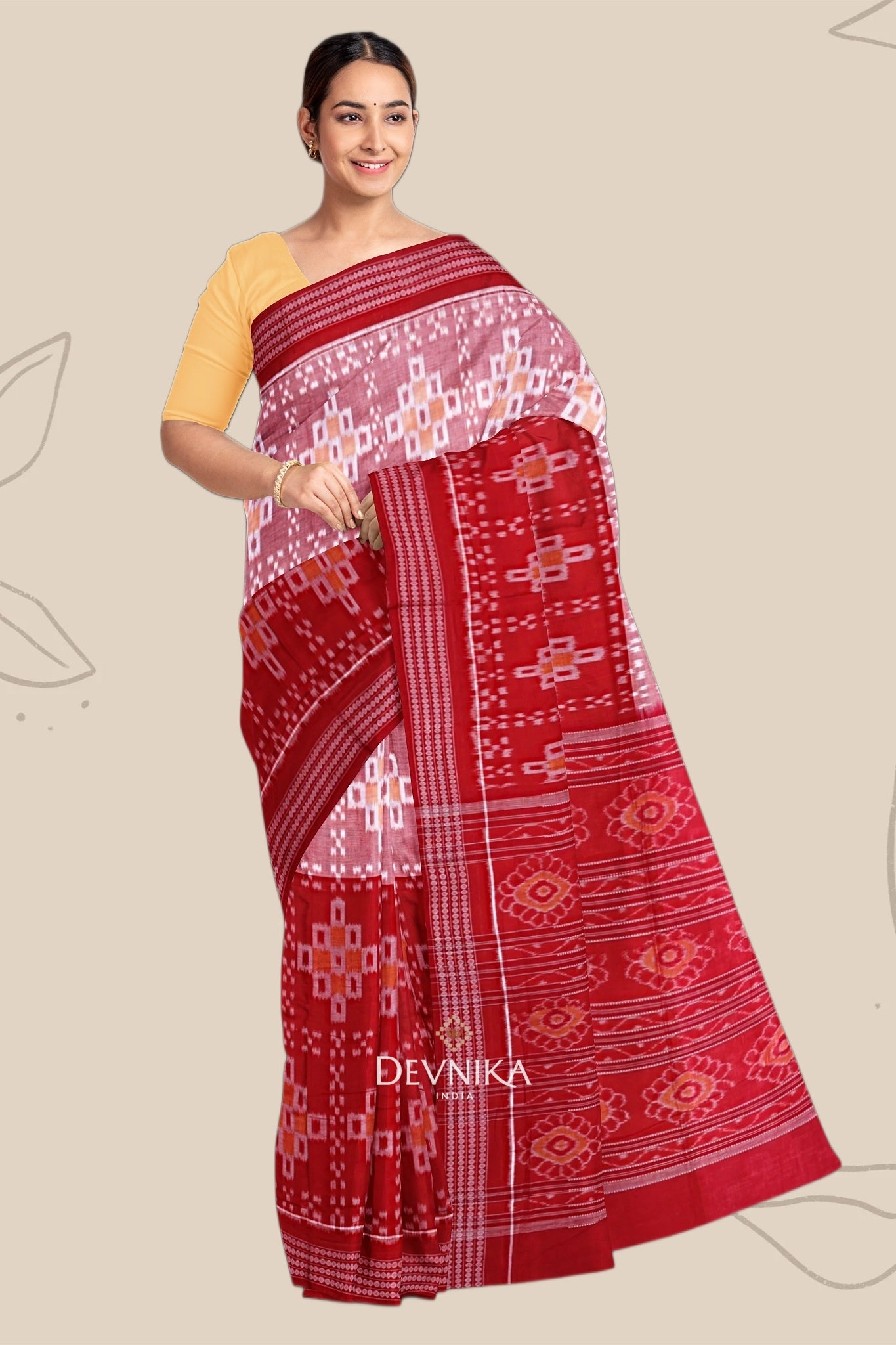 Red And Yellow Paper Bandha Handloom Cotton Saree | Odisha Handloom | Devnika