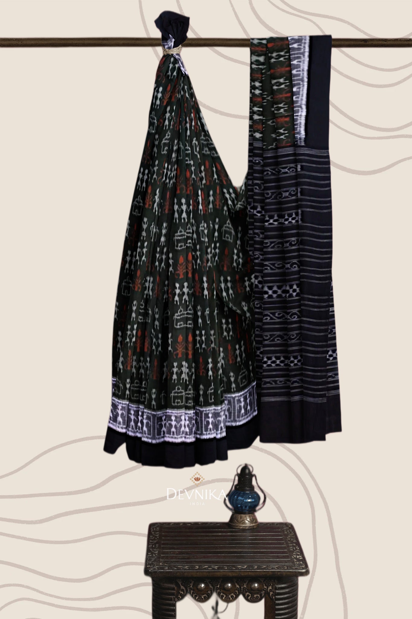 Dark Olive Green Teracota Bandha Handloom Cotton Saree | Odisha Handloom | Devnika