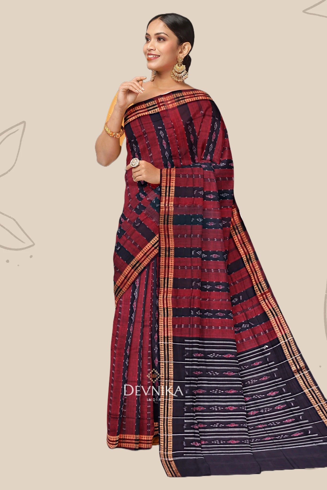 Maroon And Black Line Bandha Saree