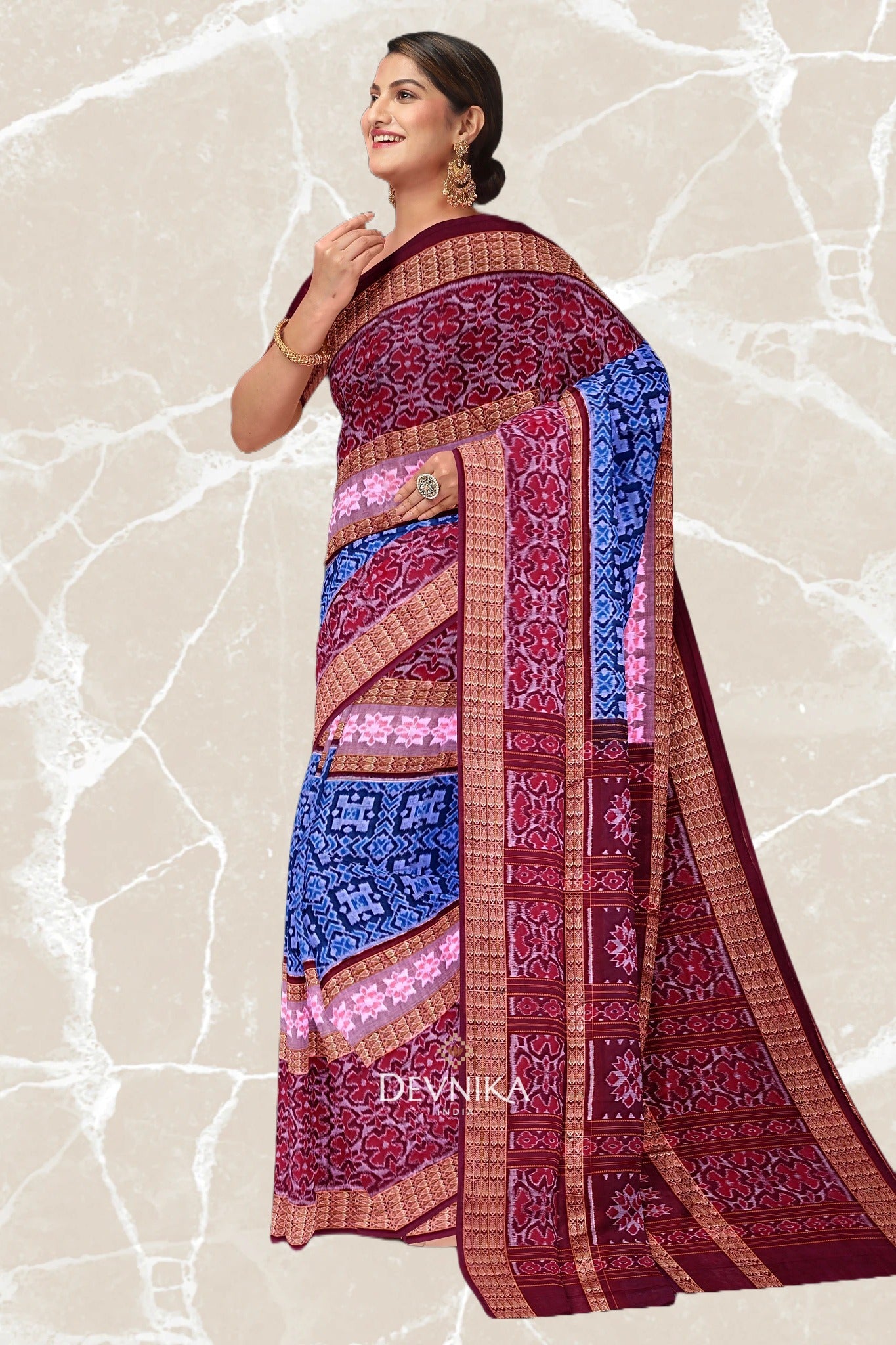 Blue Double Border Bandha Handloom Cotton Saree | Odisha Handloom | Devnika