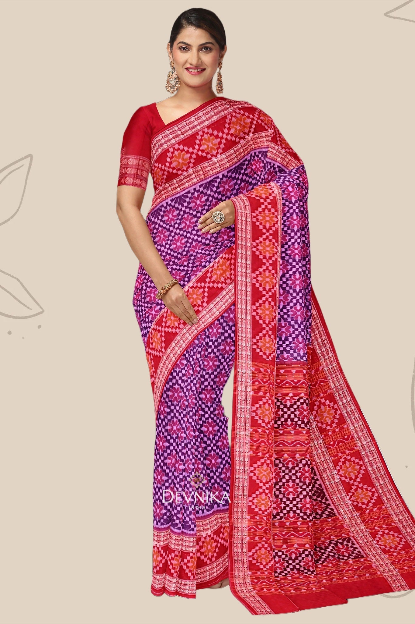 Purple Big Border Bandha Handloom Cotton Saree | Odisha Handloom | Devnika