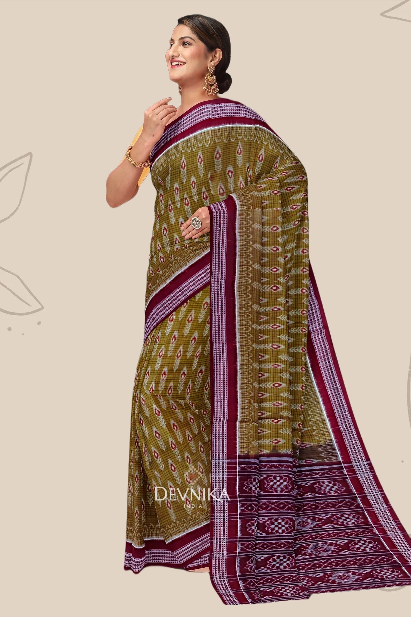 Light Olive Body Bandha Handloom Cotton Saree | Odisha Handloom | Devnika