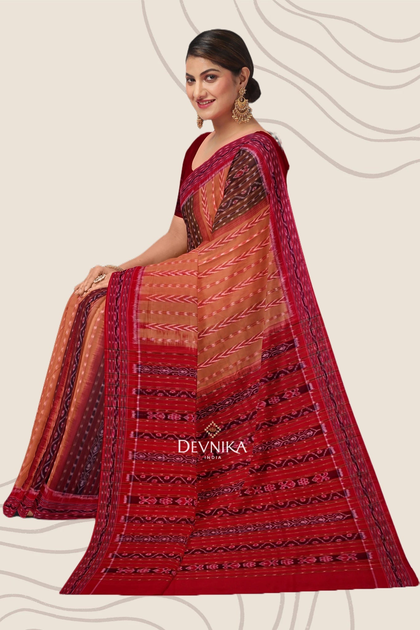 Brown Pancha Mukhi Bandha Handloom Cotton Saree | Odisha Handloom | Devnika