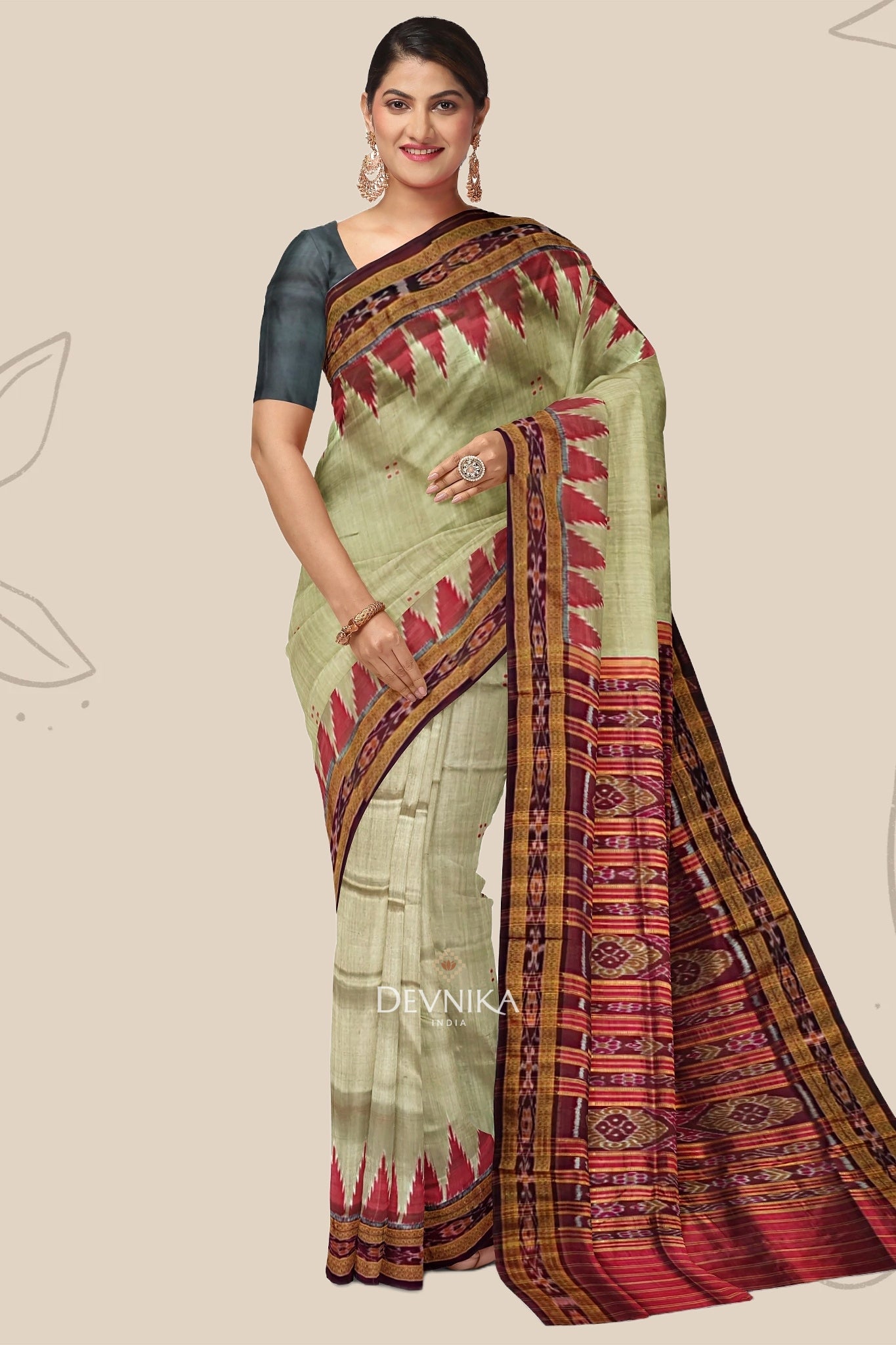 Matha Brown Big Temple Border Khandua Pata Saree | Odisha Handloom | Devnika