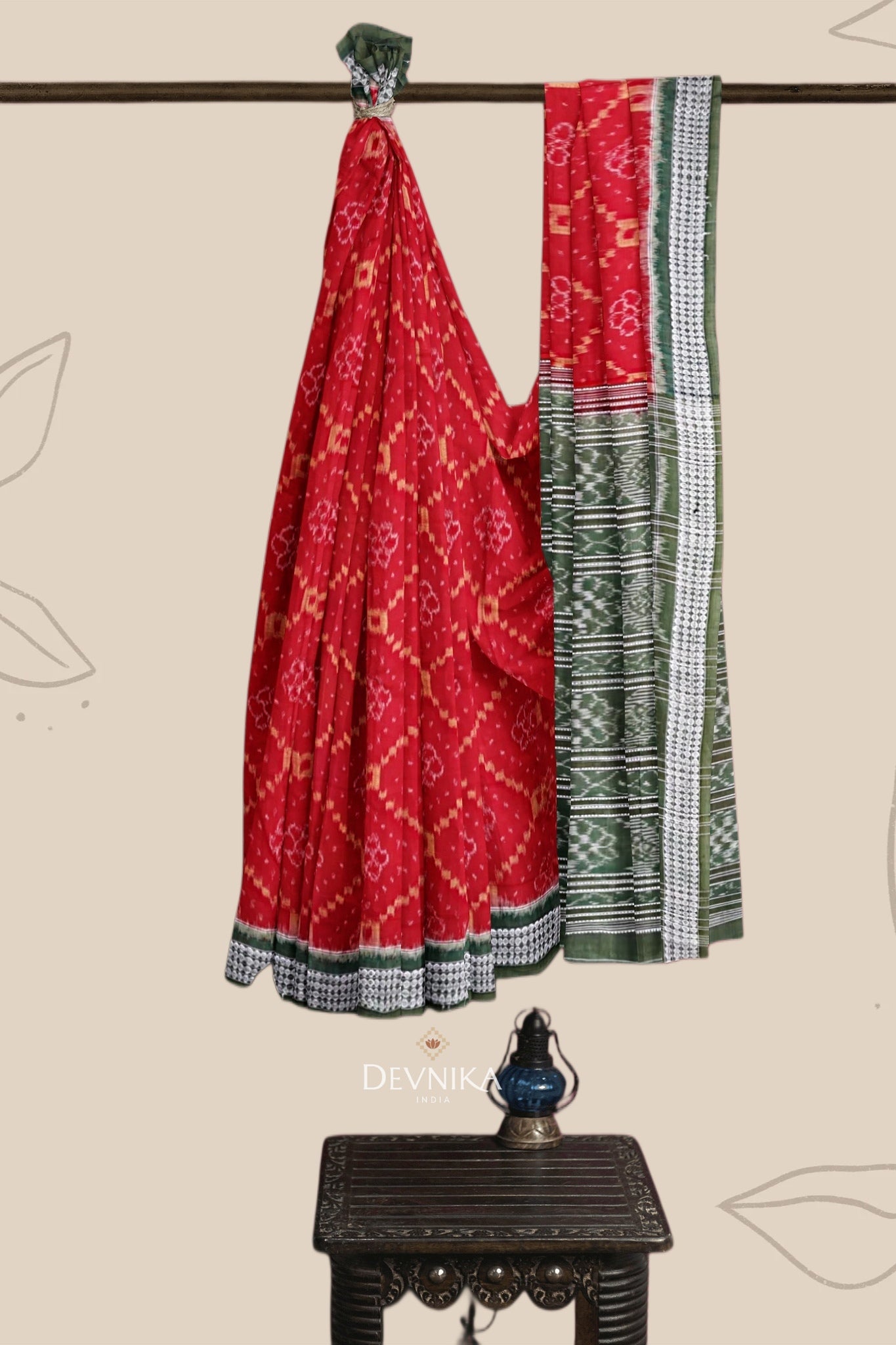 Deep Red Body Bandha Handloom Cotton Saree | Odisha Handloom | Devnika