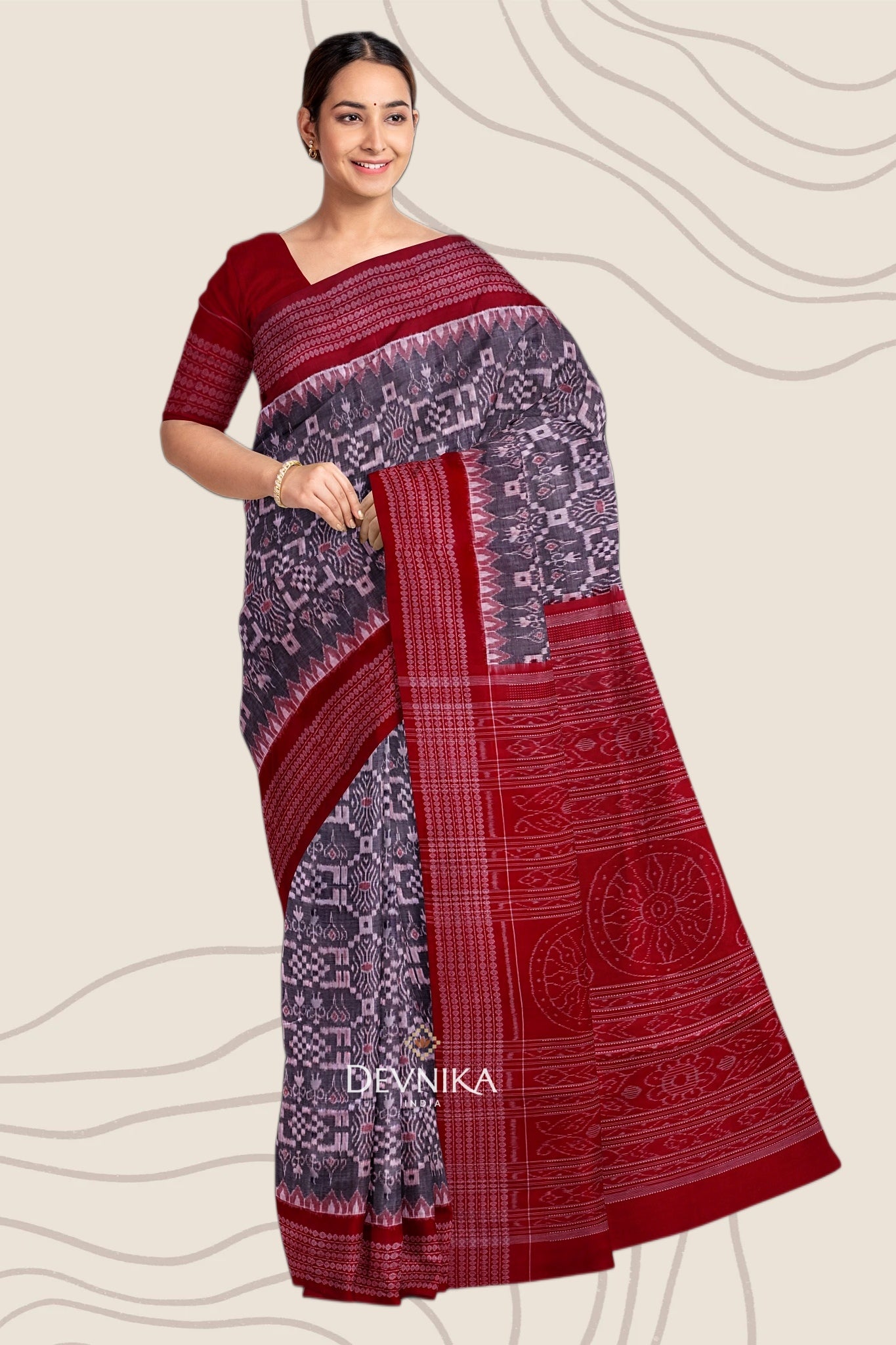 Red And White Body Bandha Handloom Cotton Saree | Odisha Handloom | Devnika