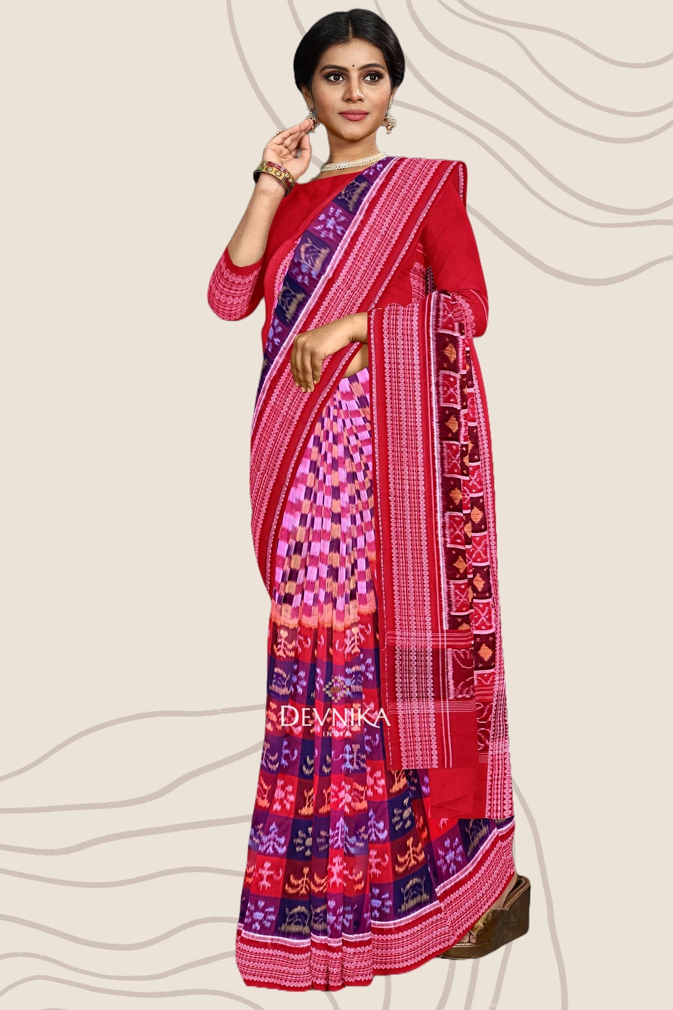 Blue Magenta Teracota Bandha Handloom Cotton Saree | Odisha Handloom | Devnika