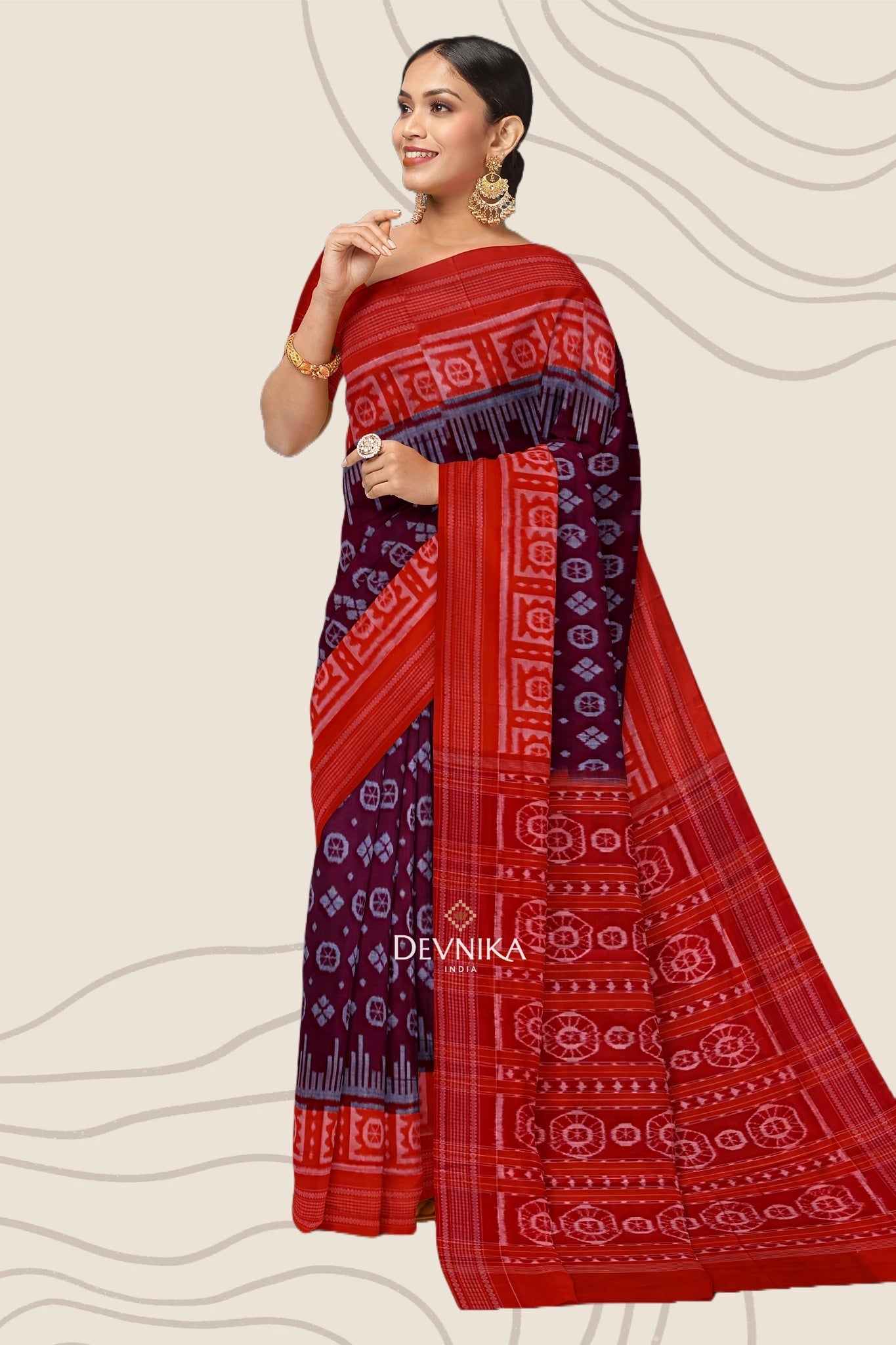 Dark Maroon Big Border Bandha Handloom Cotton Saree | Odisha Handloom | Devnika