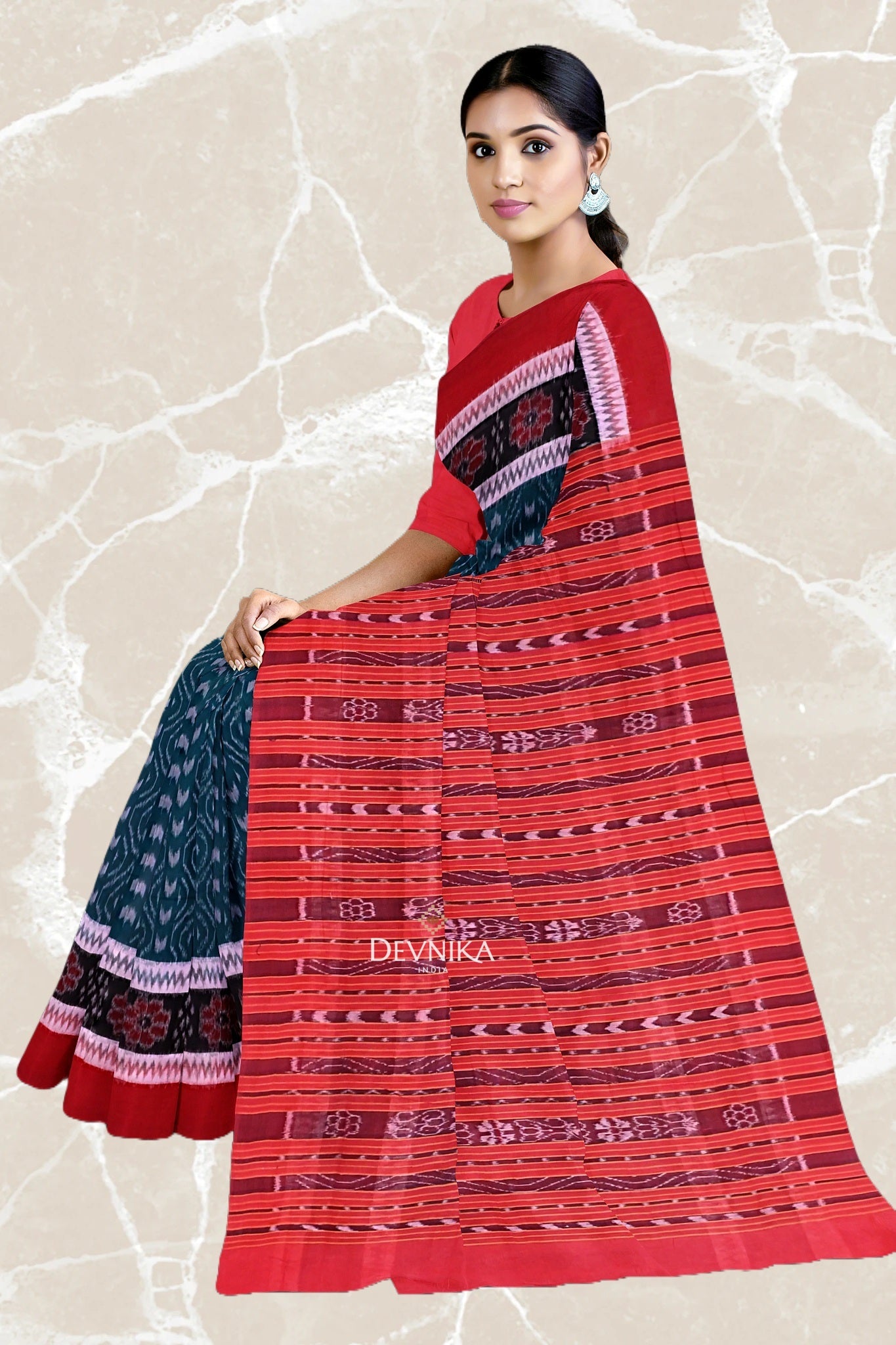 Sea Green Double Border Bandha Handloom Cotton Saree | Odisha Handloom | Devnika