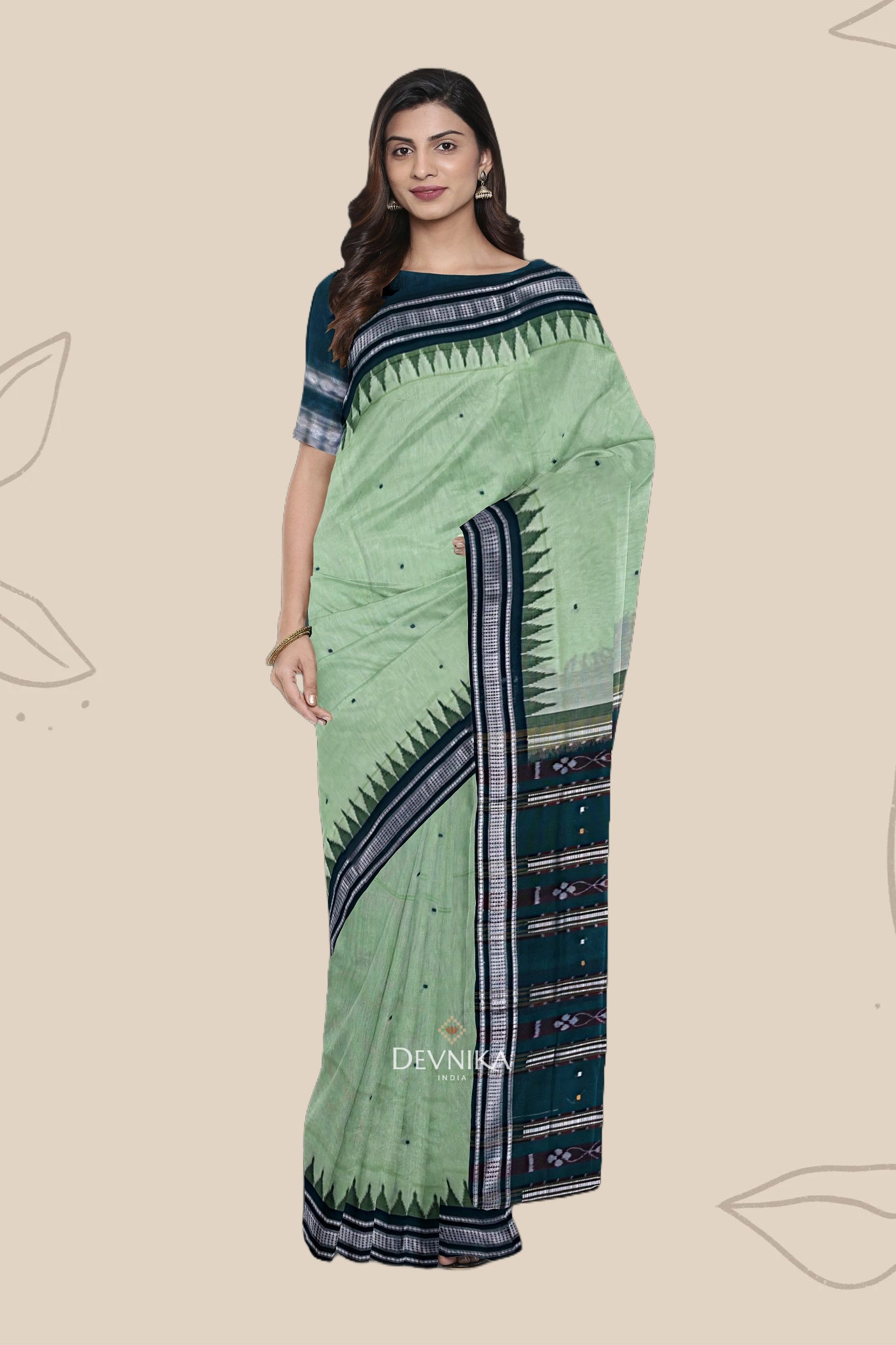 Light Green Temple Border Cotton Bapta Saree
