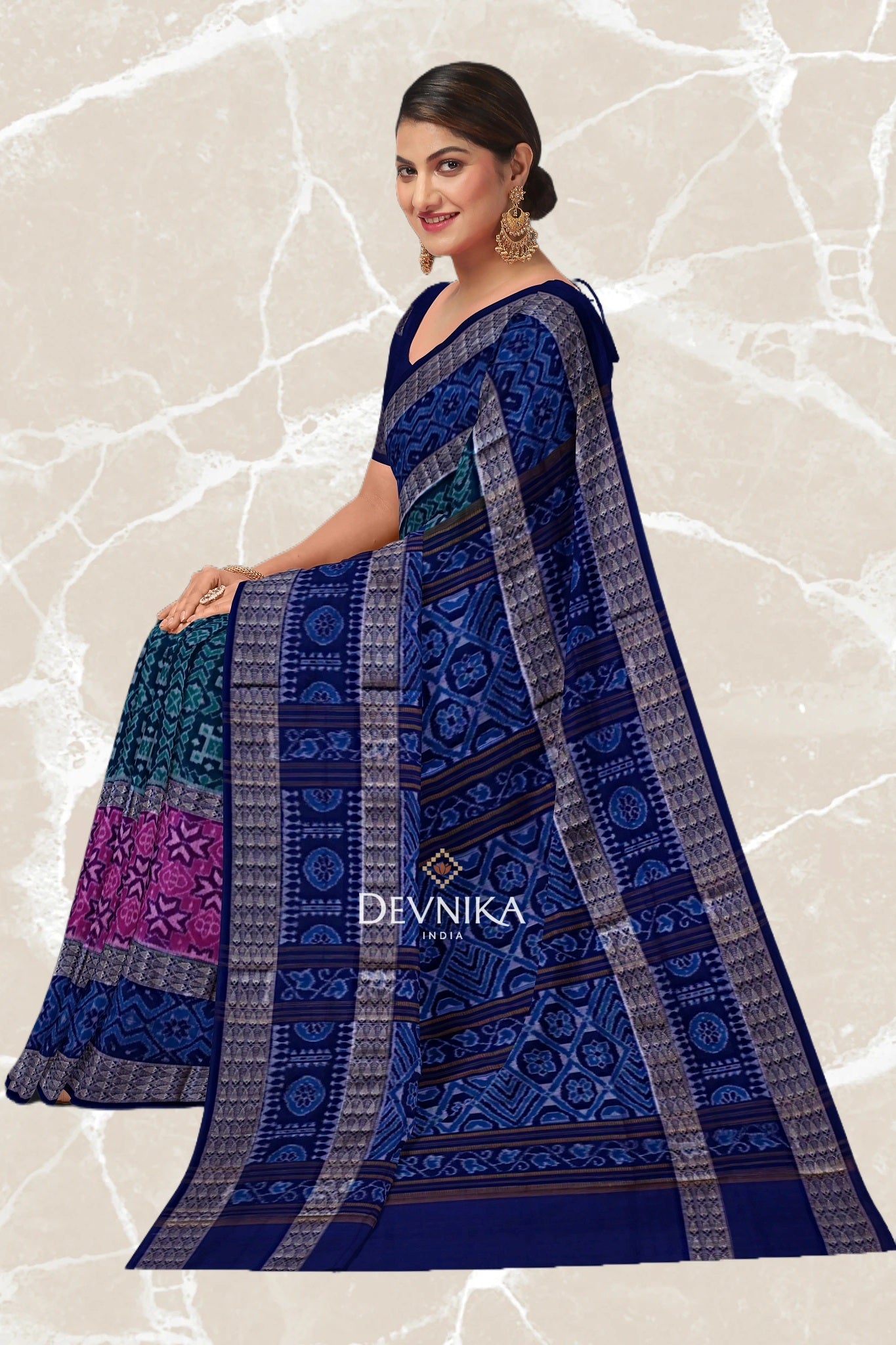 Green Blue Double Border Bandha Handloom Cotton Saree | Odisha Handloom | Devnika