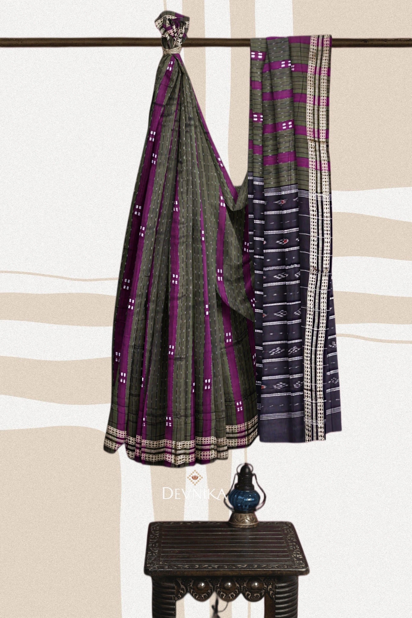 Purple And Dark Olive Bomkai Line Butti Handloom Cotton Saree | Odisha Handloom | Devnika