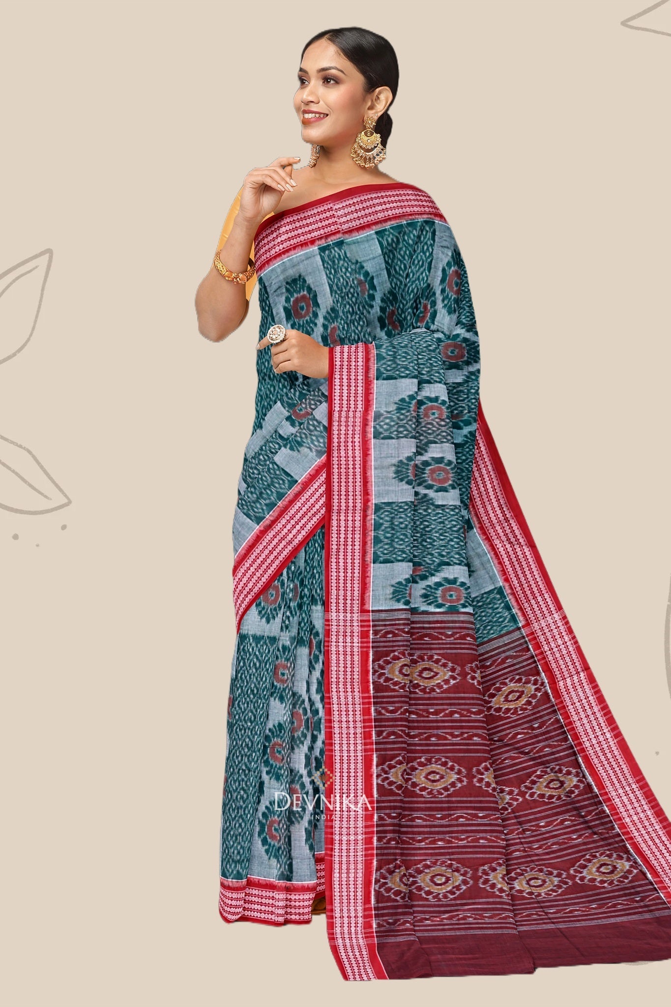 Green and Red Body Bandha Saree | Odisha Handloom GI Tagged | Devnika