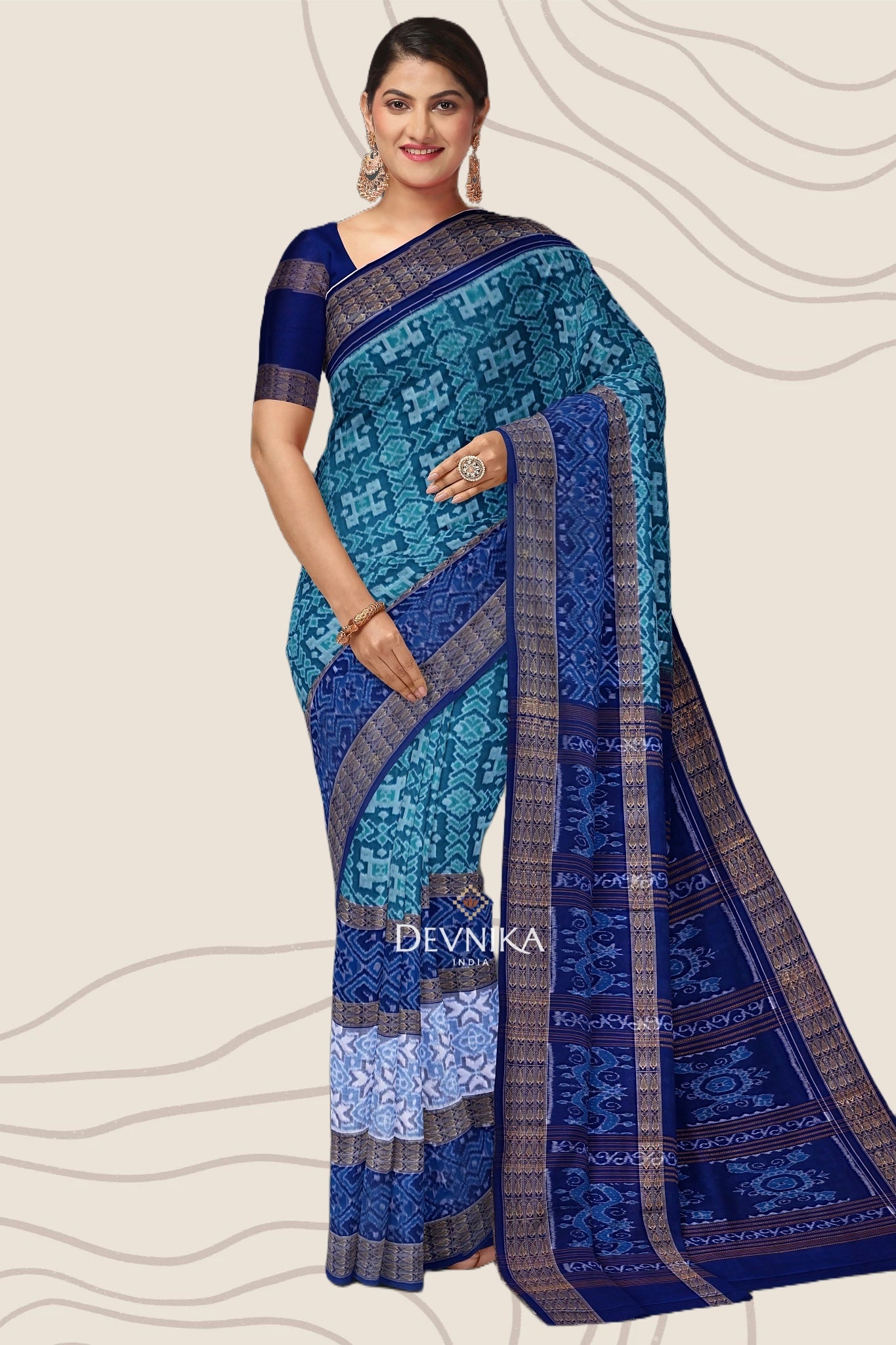 Cyan Double Border Bandha Handloom Cotton Saree | Odisha Handloom | Devnika