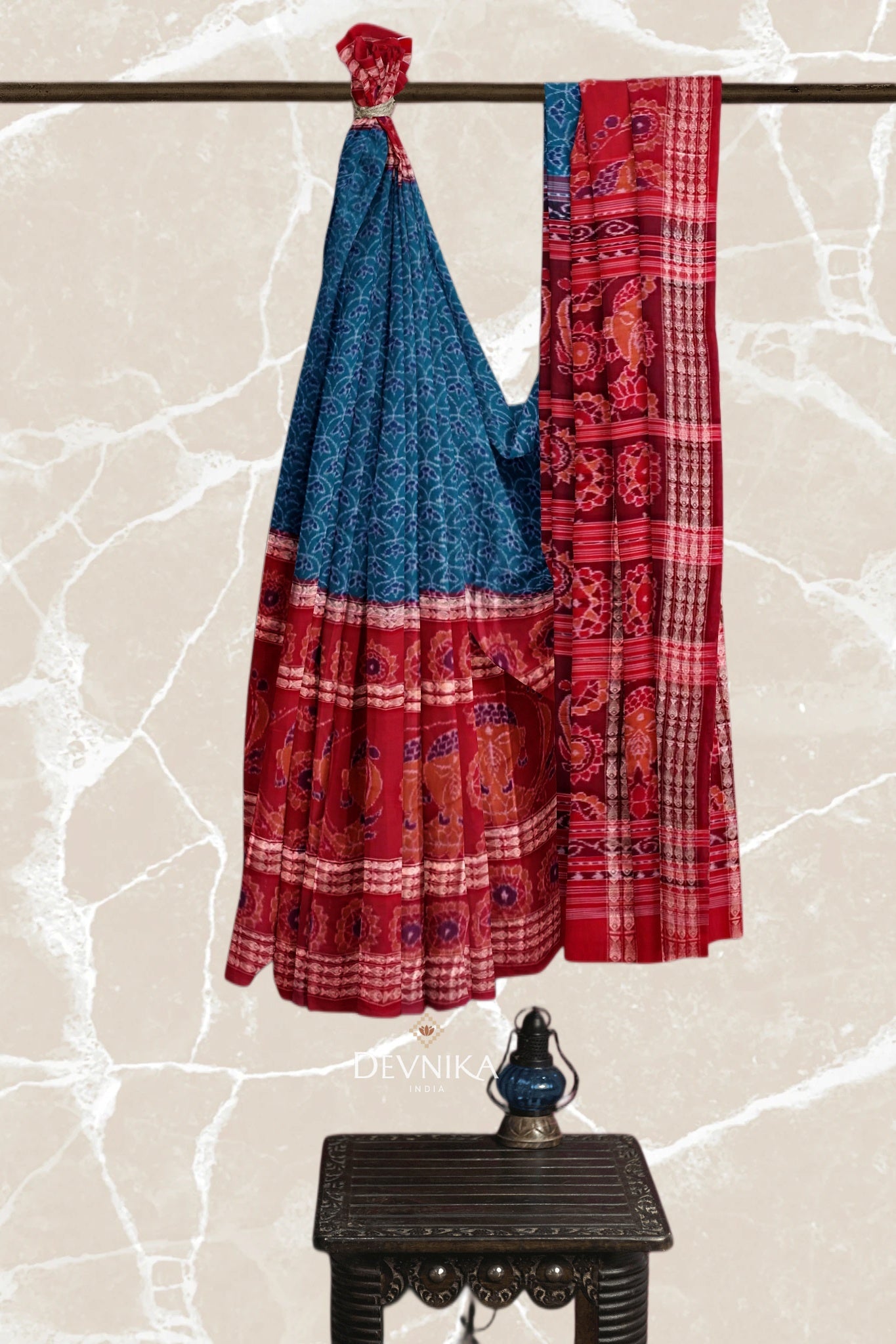 Dark Cyan Namaskar Bandha Handloom Cotton Saree | Odisha Handloom | Devnika