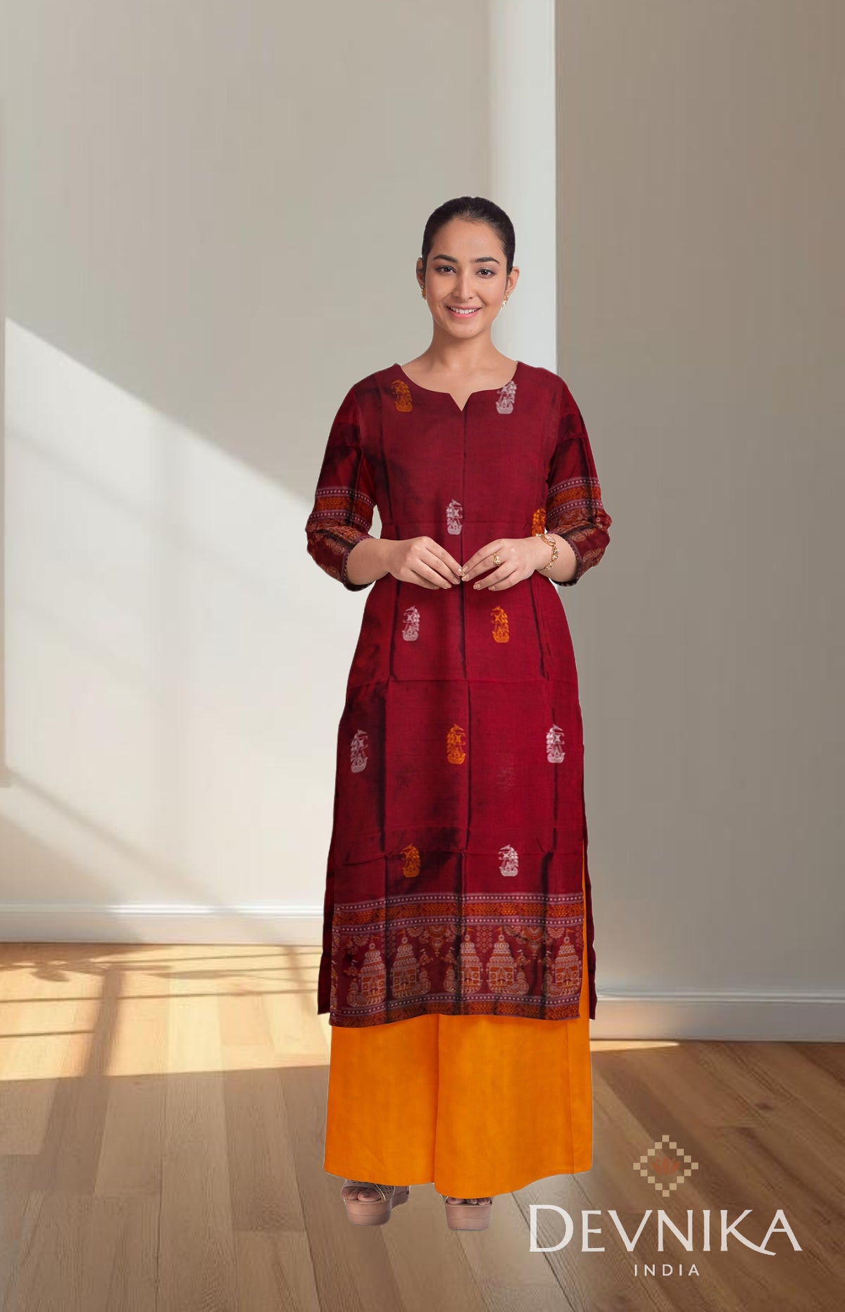 Deep Maroon With Yellow Color Pant & Chunri Bomkai Dress Set