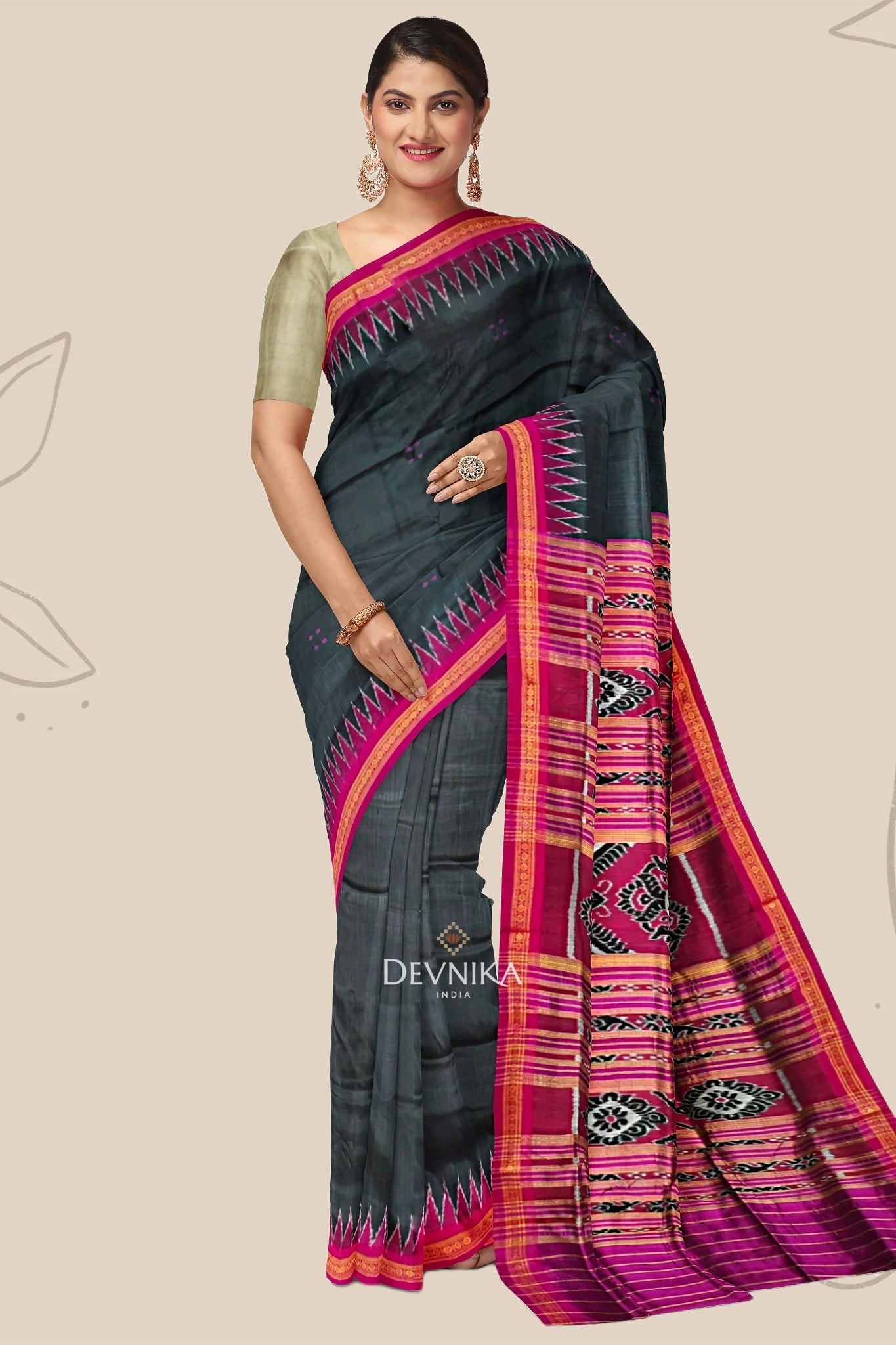 Black Single Temple Border Khandua Pata Saree
