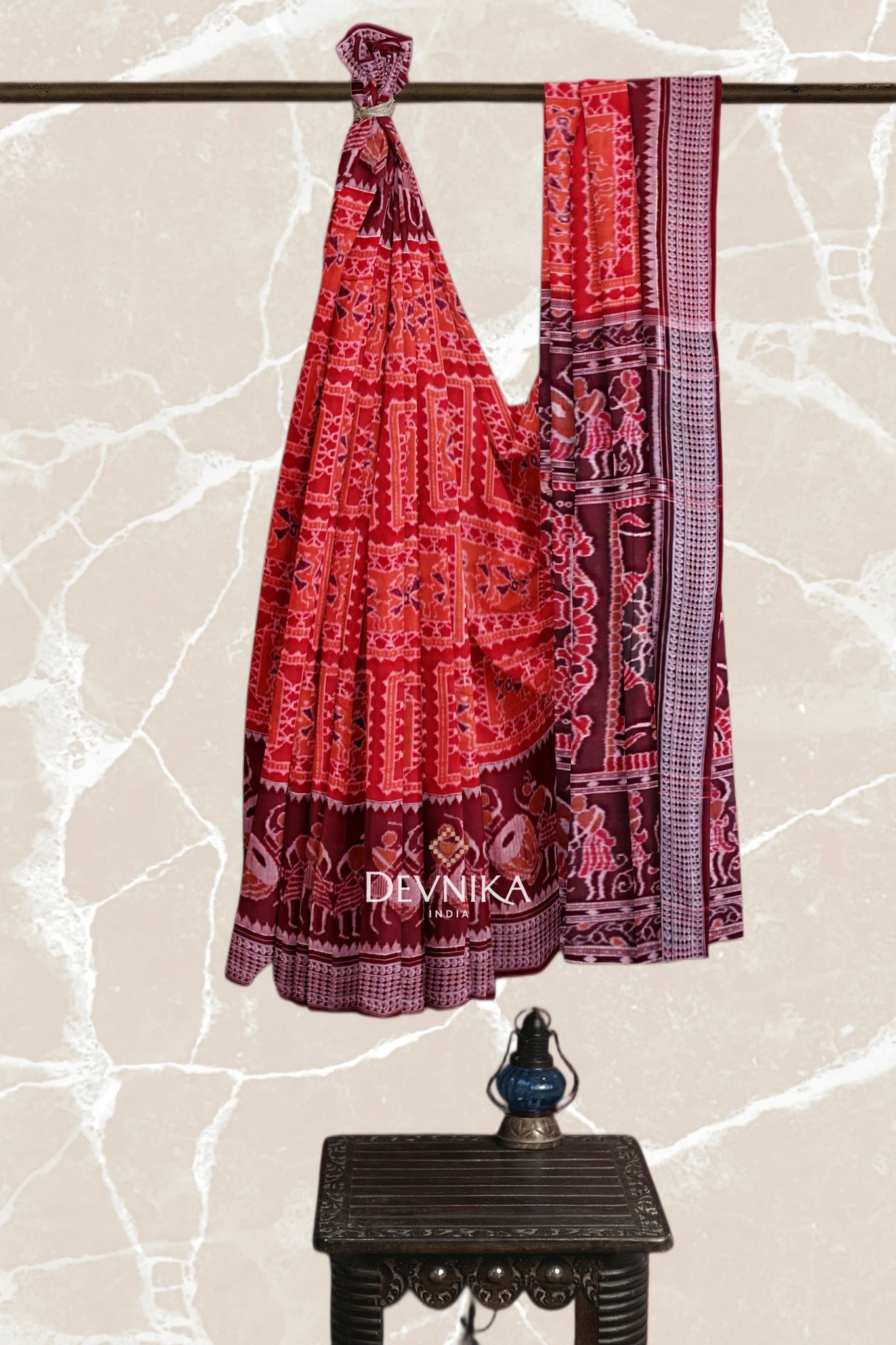 Dark Red Teracota Bandha Handloom Cotton Saree | Odisha Handloom | Devnika