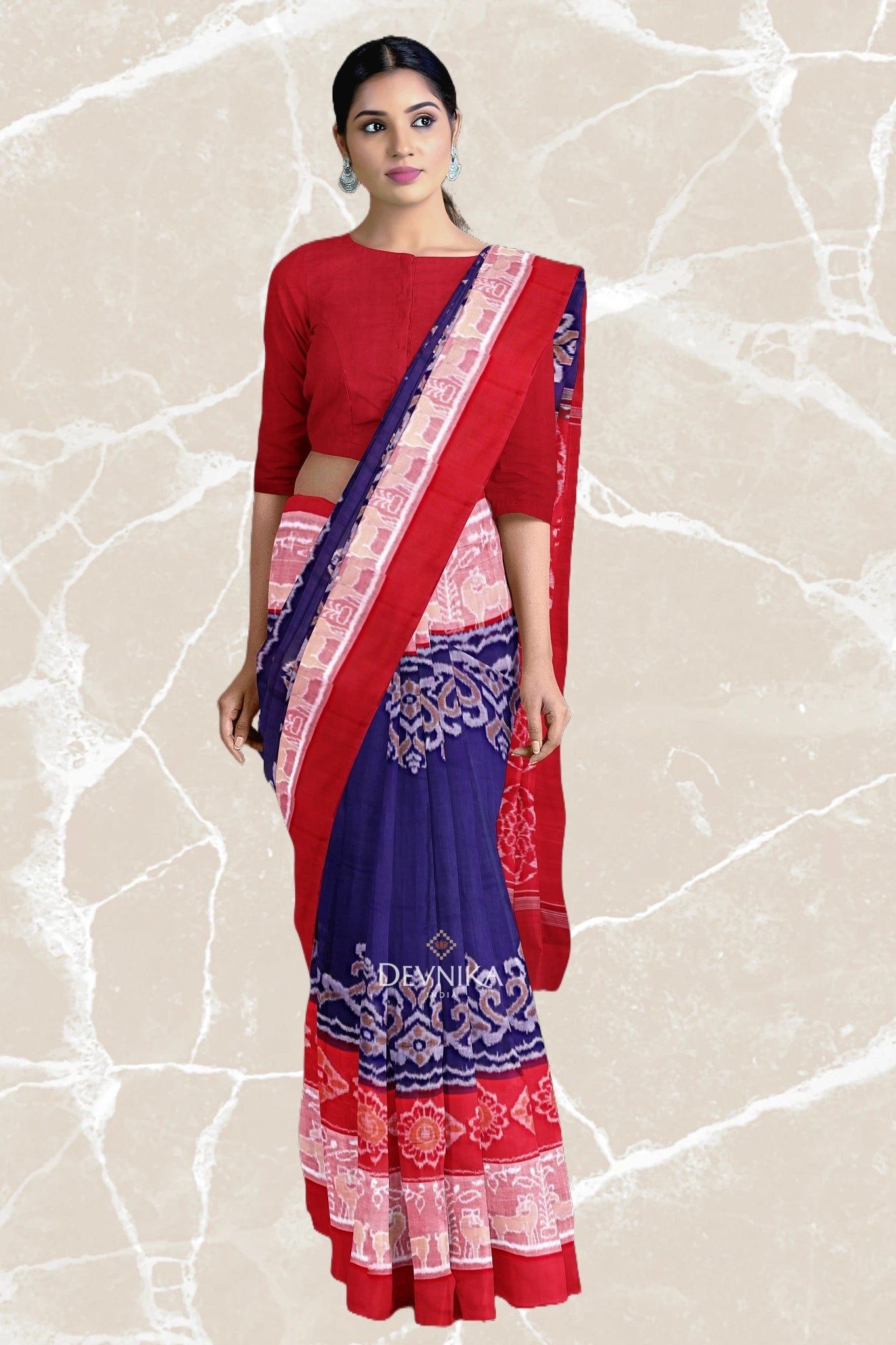 Navy Blue Double Border Bandha Handloom Cotton Saree | Odisha Handloom | Devnika