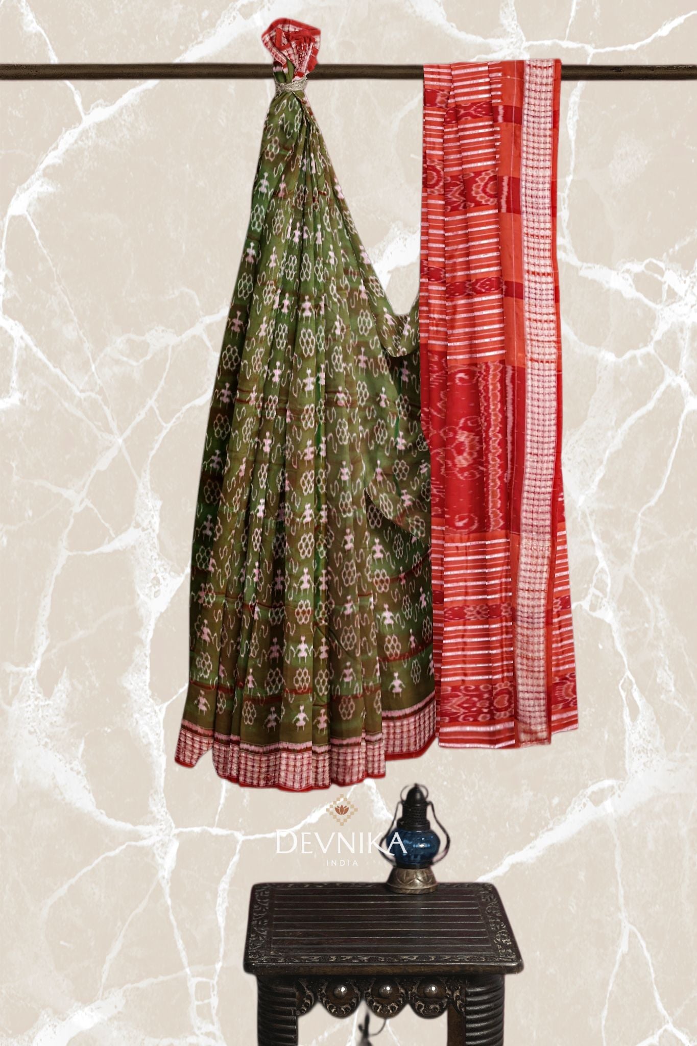 Rust Green Teracota Bandha Silk Saree | Odisha Handloom GI Tagged | Devnika