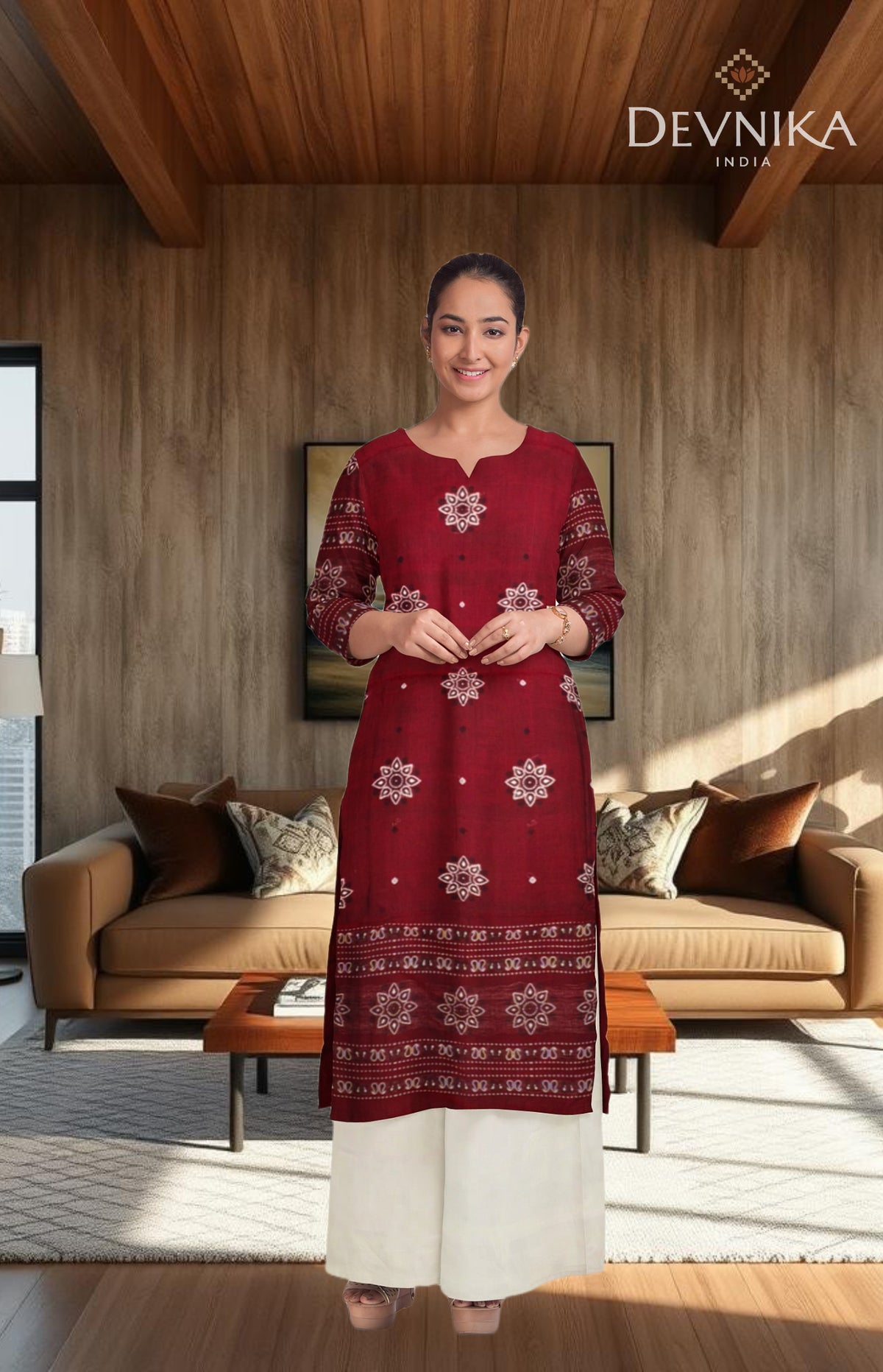 Deep Maroon With White Pant & Chunri Bomkai Dress Set