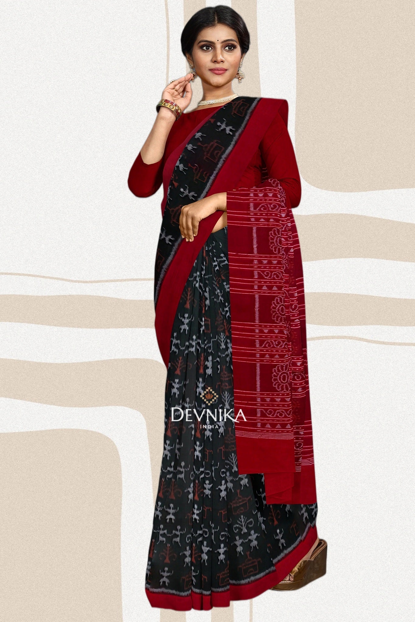 Dark Olive Teracota Bandha Handloom Cotton Saree | Odisha Handloom | Devnika
