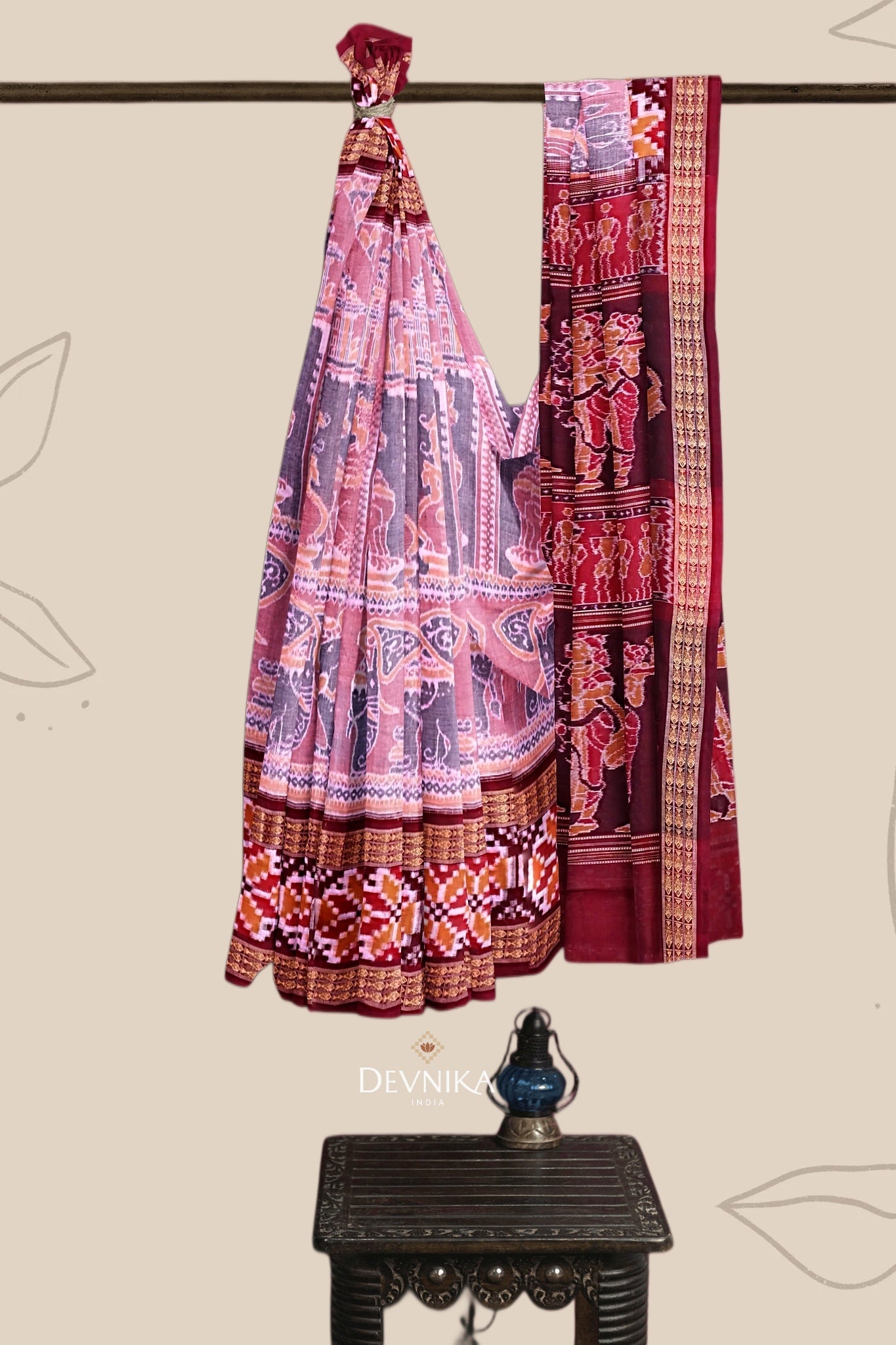 Light Red Konark Bandha Handloom Cotton Saree | Odisha Handloom | Devnika