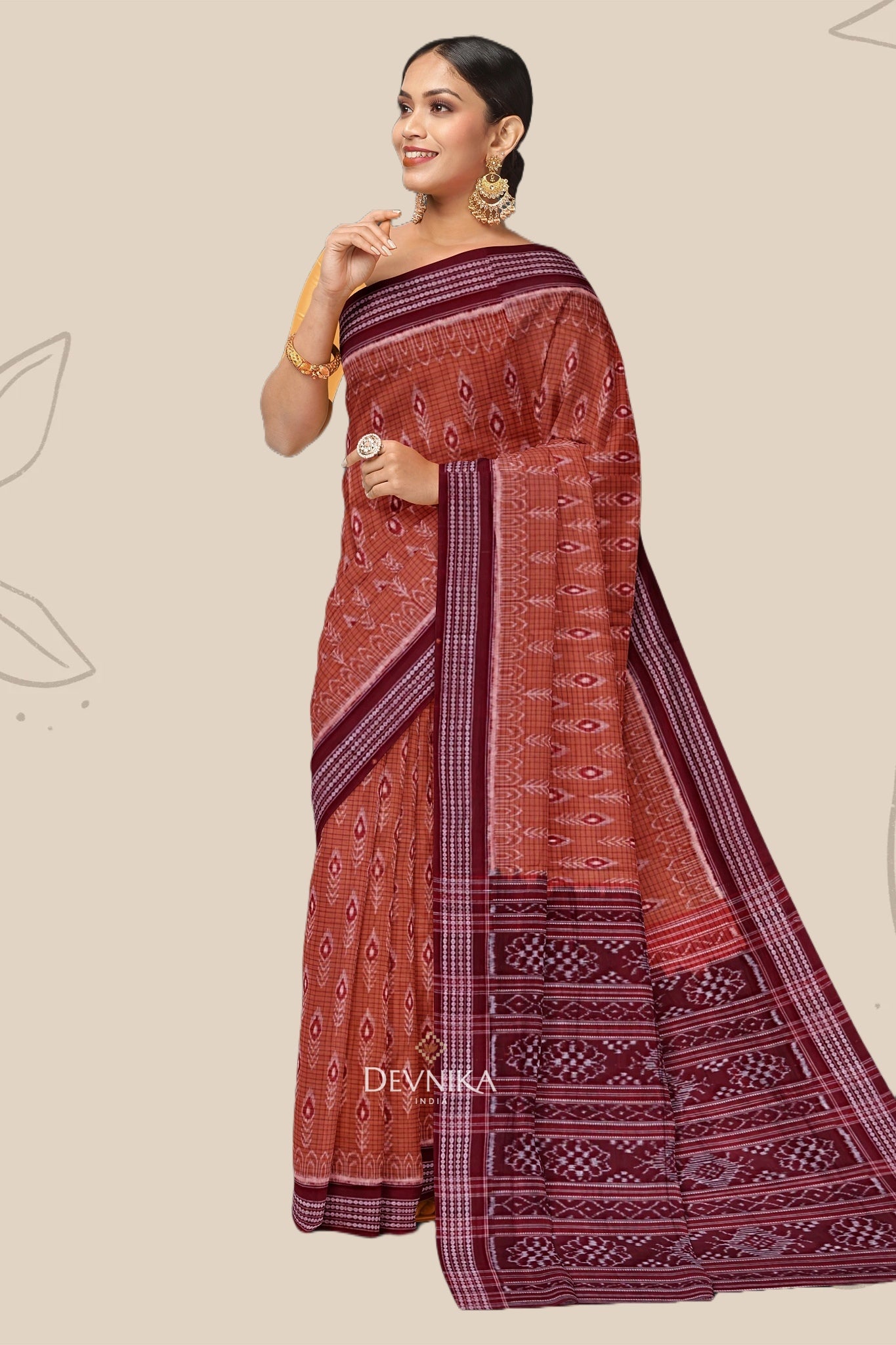 Brown With Maroon Body Bandha Handloom Cotton Saree | Odisha Handloom | Devnika