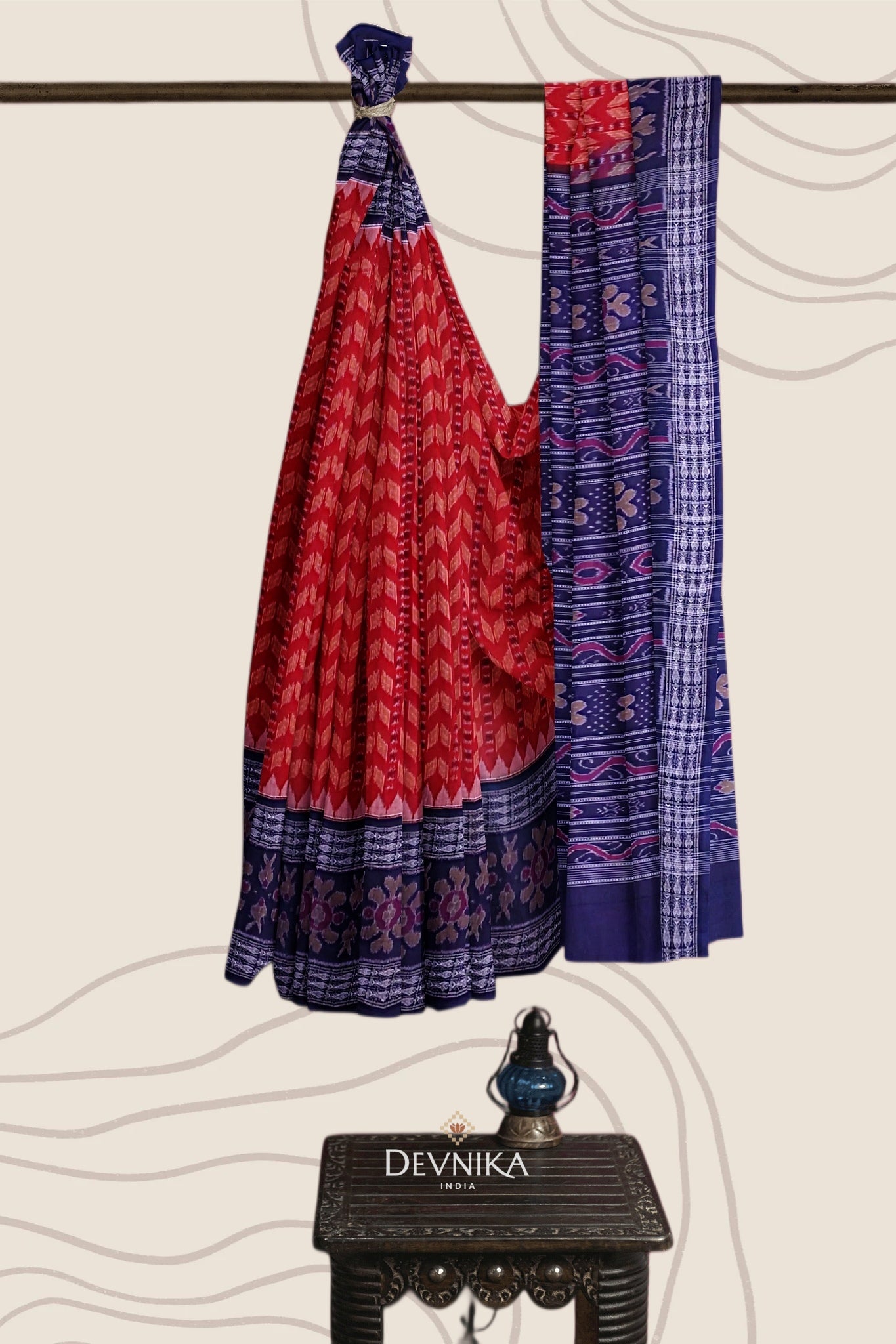 Deep Red Blue Khajuri Pati Bandha Handloom Cotton Saree | Odisha Handloom | Devnika