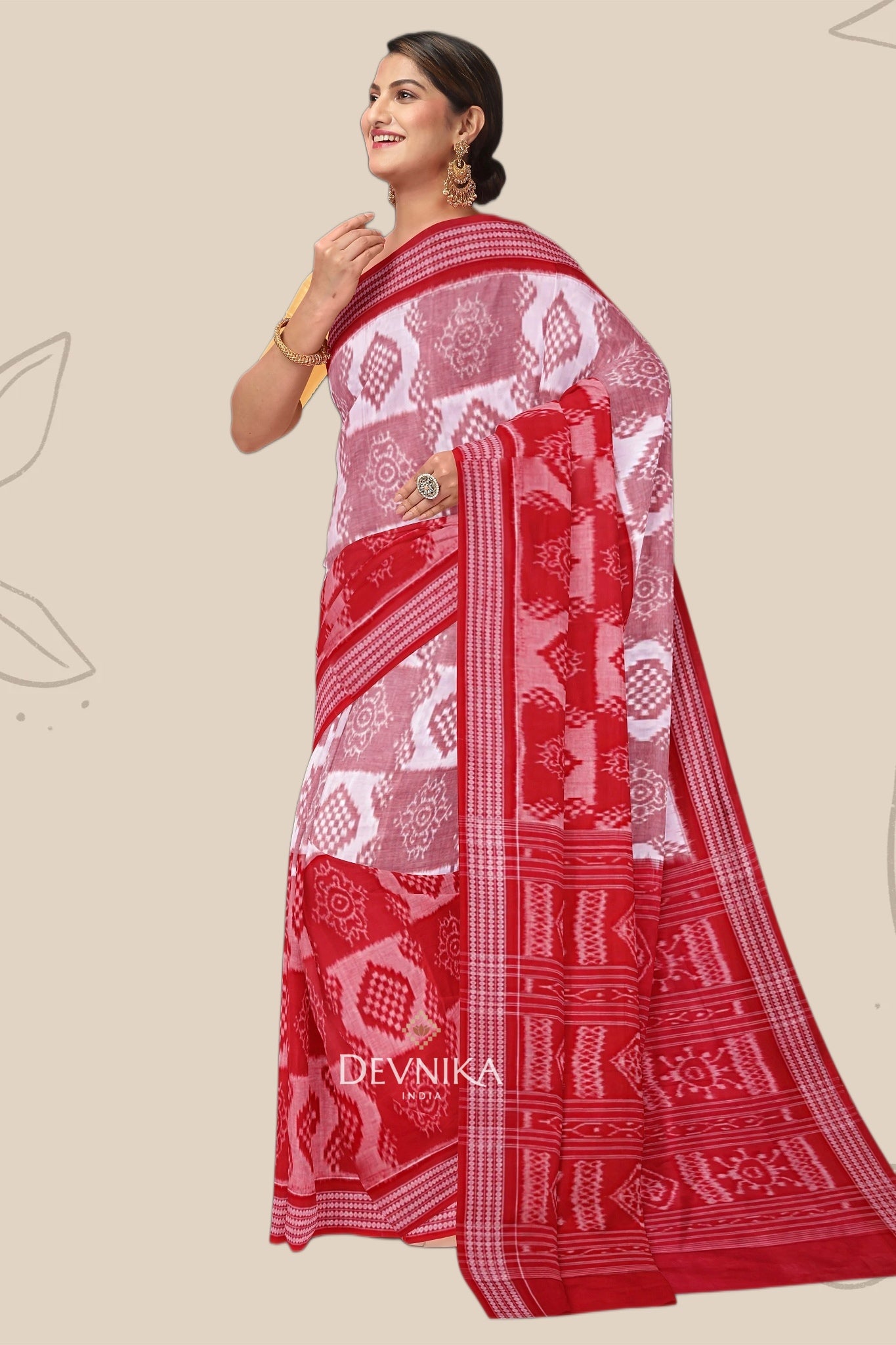 White Red Body Bandha Handloom Cotton Saree | Odisha Handloom | Devnika