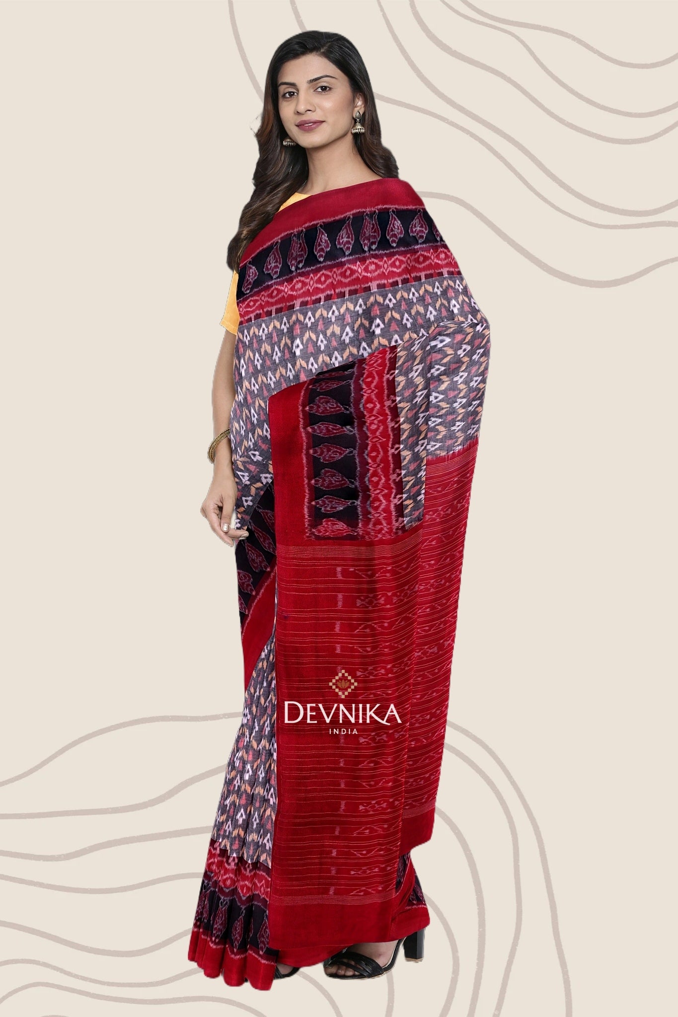 White, Bronze Double Border Bandha Handloom Cotton Saree | Odisha Handloom | Devnika
